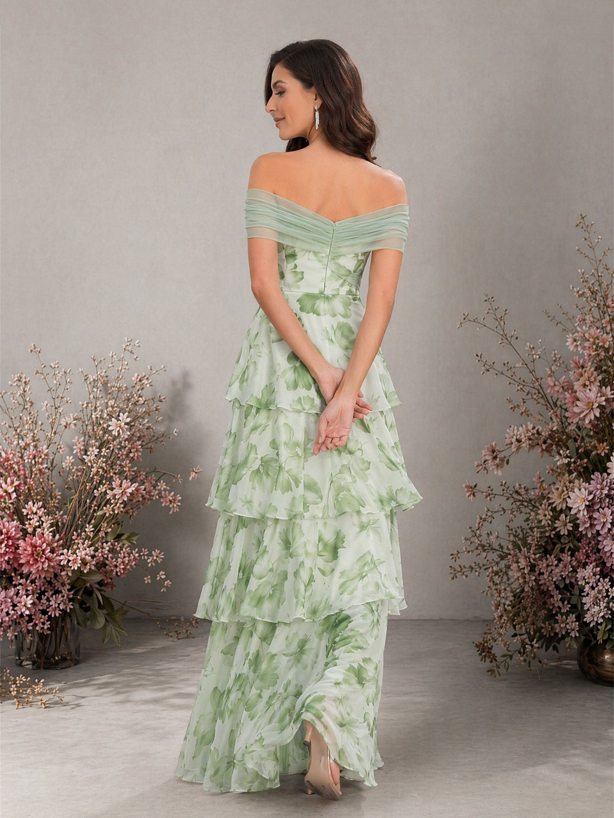 BOLODOO sage green floral gown – off-shoulder ruched tulle bodice close-up detail