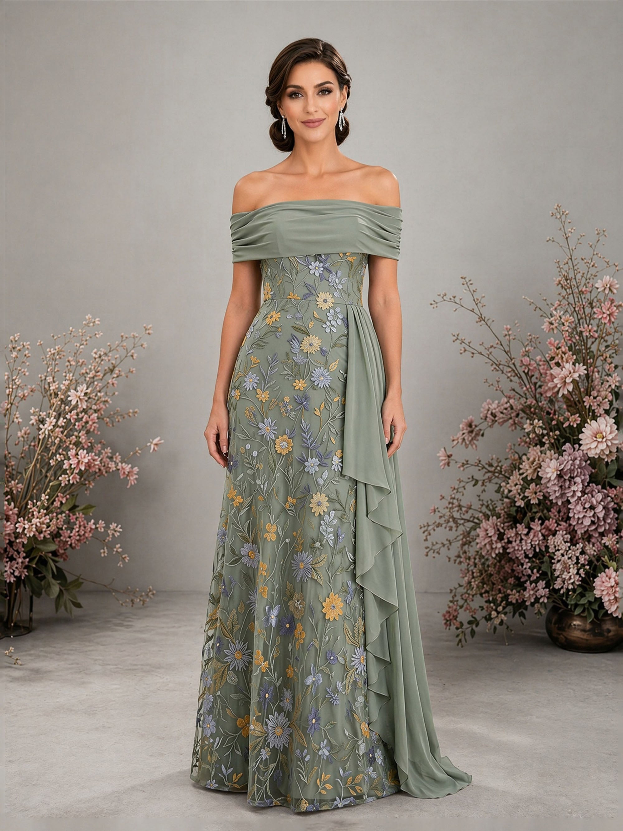 BOLODOO sage green floral embroidered off-shoulder A-line floor length gown with cascade ruffle – front full length view