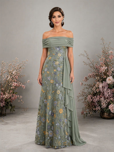 BOLODOO sage green floral embroidered off-shoulder A-line floor length gown with cascade ruffle – front full length view