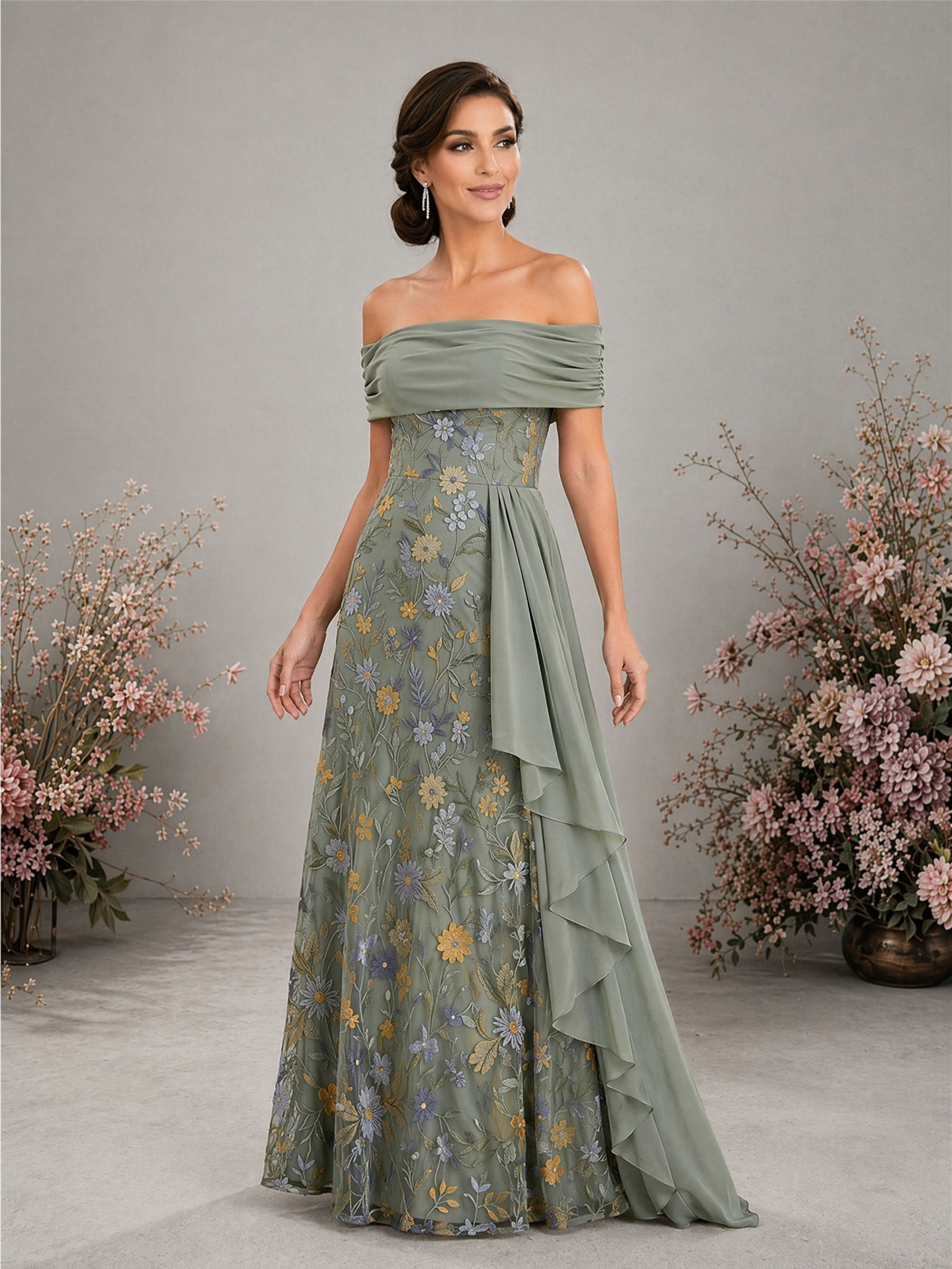 BOLODOO sage green floral embroidered off-shoulder gown – ruched chiffon bodice close-up detail