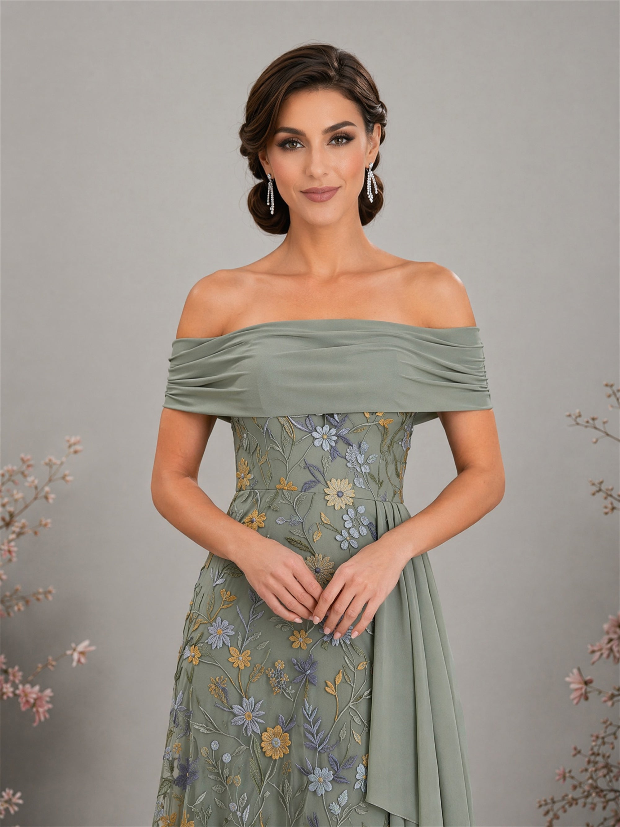 BOLODOO sage green floral embroidered gown – back view with covered back and zipper closure