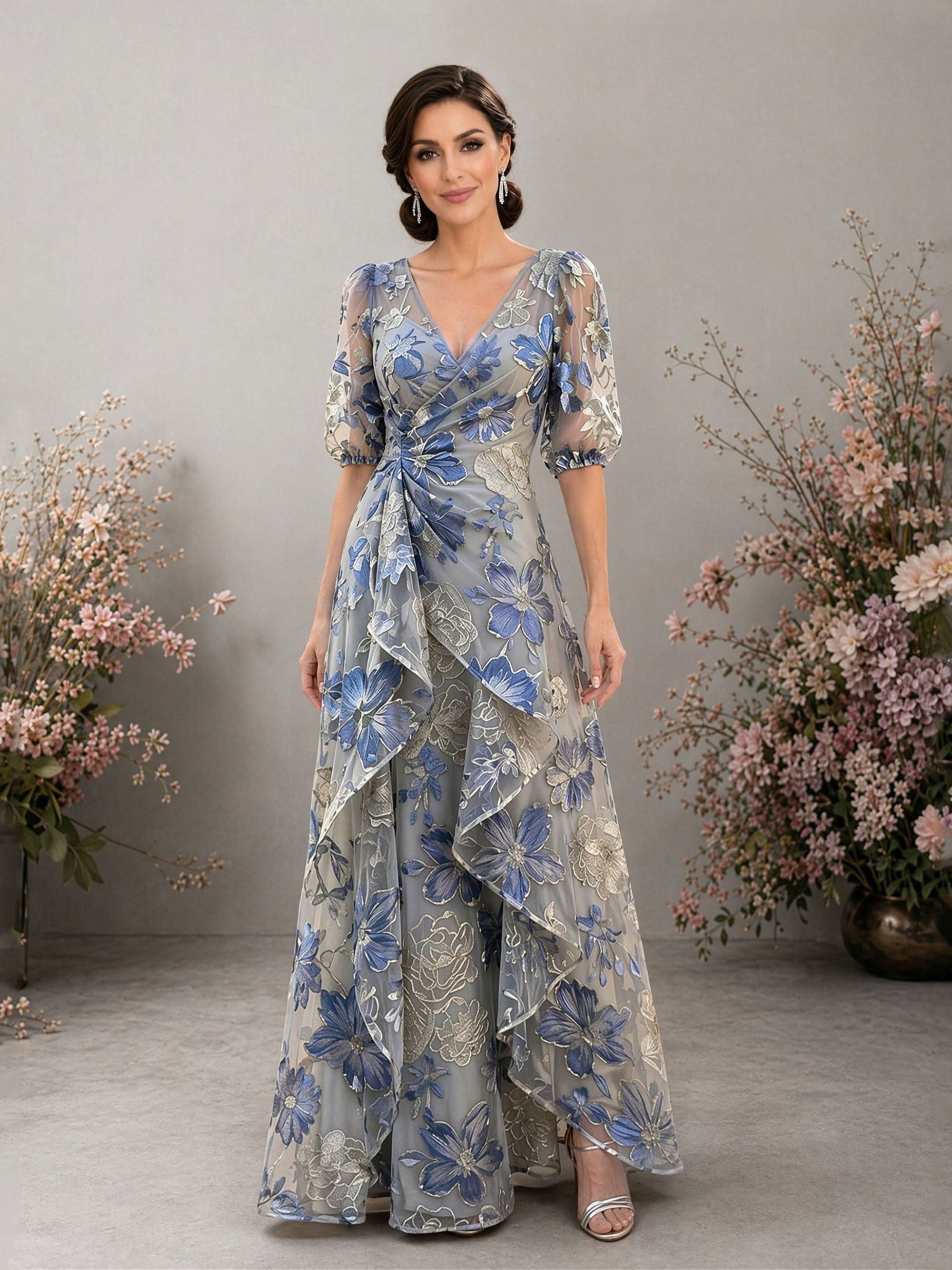 BOLODOO dusty blue floral embroidered V-neck puff sleeve wrap tiered A-line floor length gown – front full length view