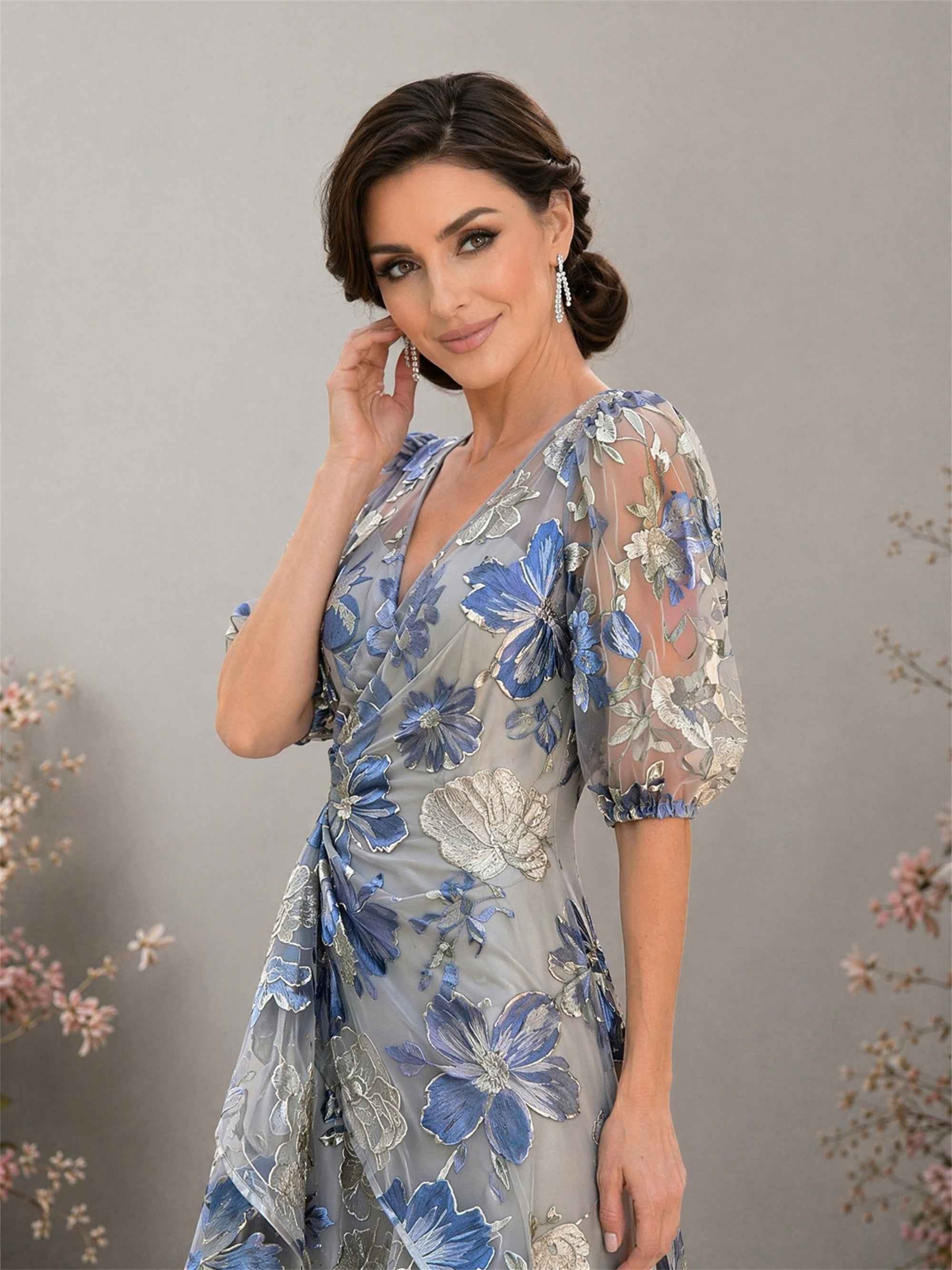 BOLODOO dusty blue floral embroidered gown – back view with V-back and zipper closure