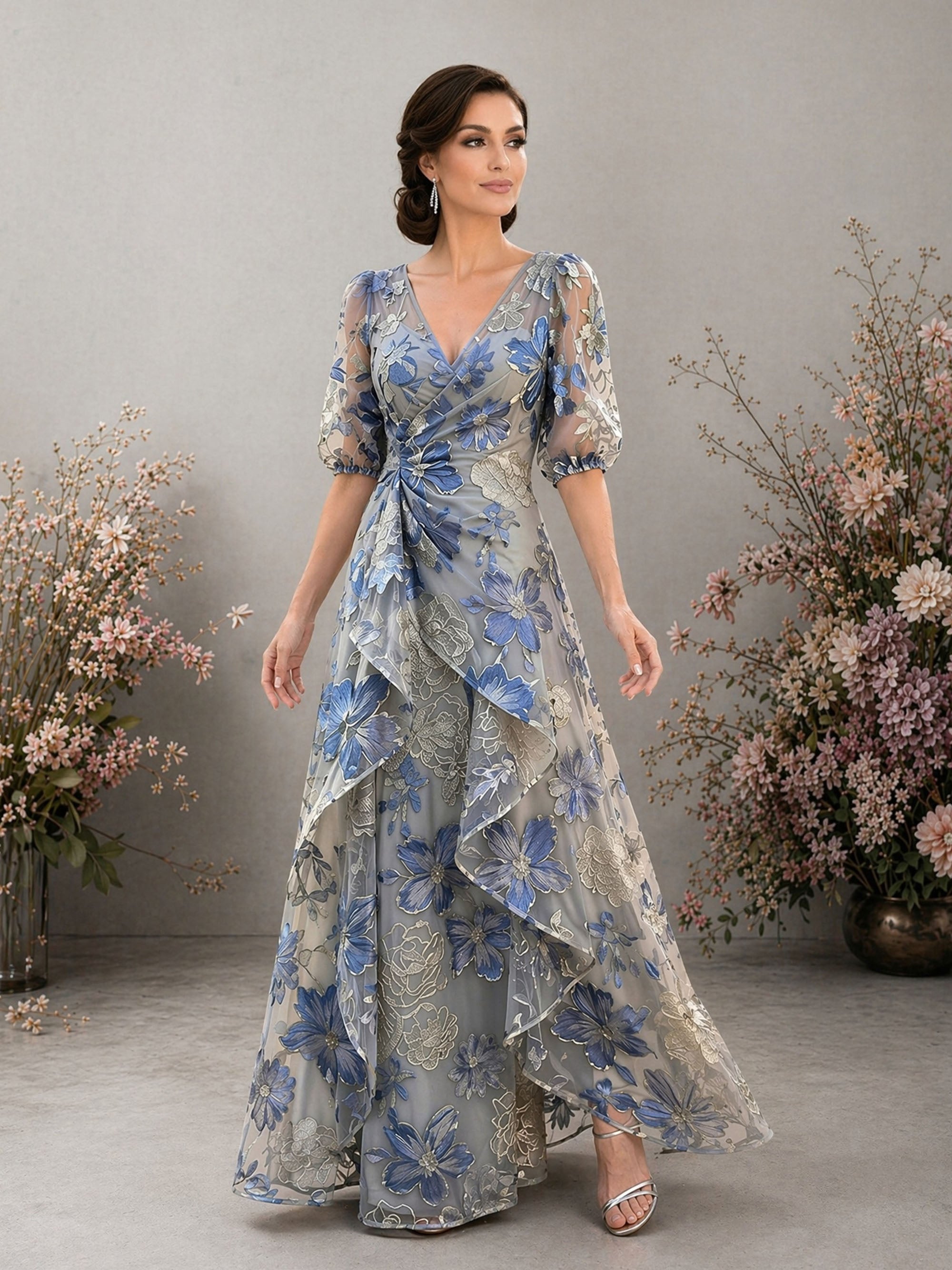 BOLODOO dusty blue floral embroidered gown – V-neck wrap bodice and puff sleeve close-up detail