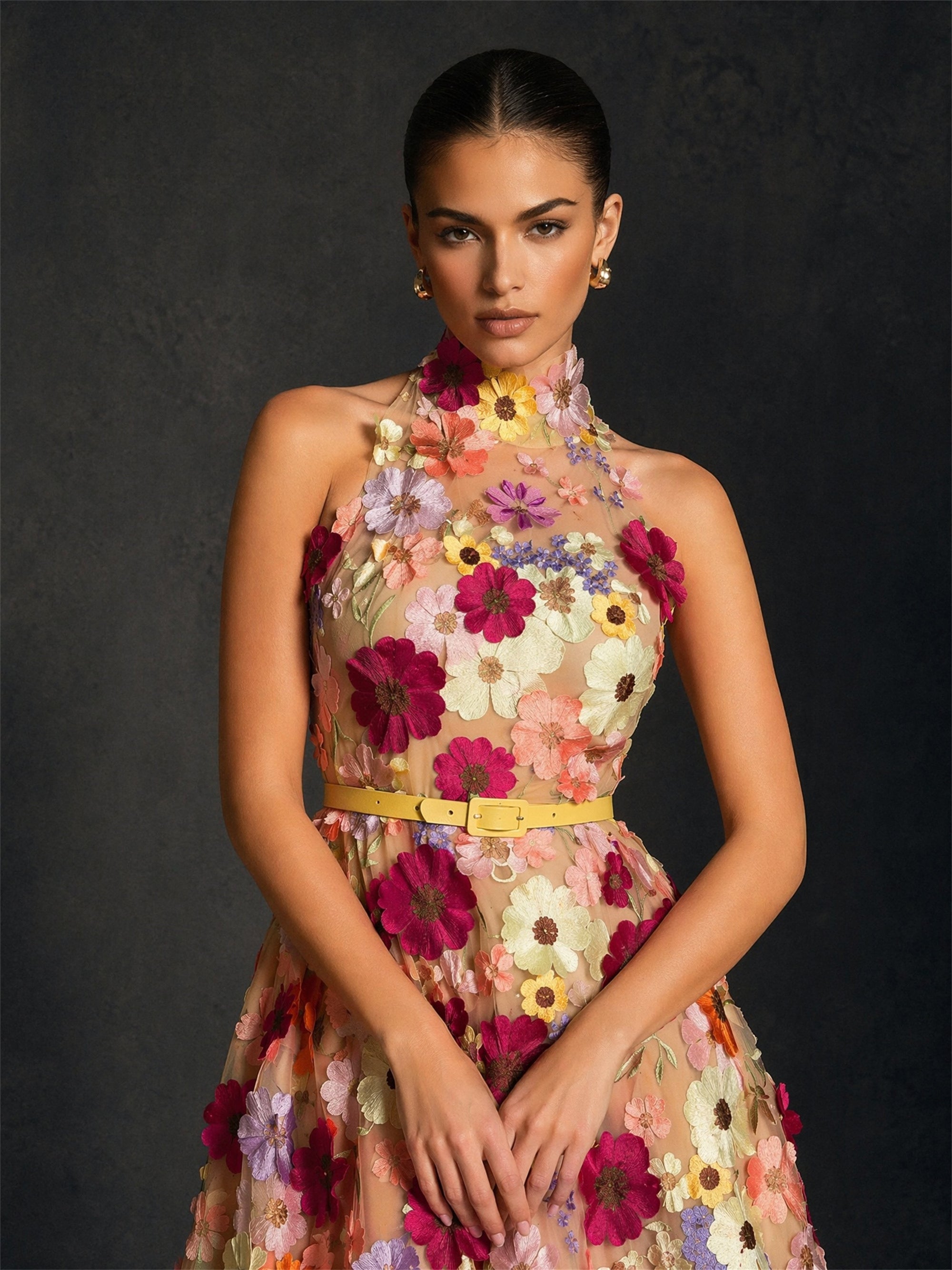 BOLODOO 3D floral applique halter high neck sleeveless open back A-line midi dress – front full length view