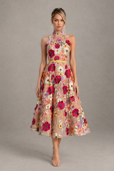 BOLODOO 3D Floral Applique Halter High Neck Open Back A-Line Midi Dress | Cocktail & Wedding Guest 
