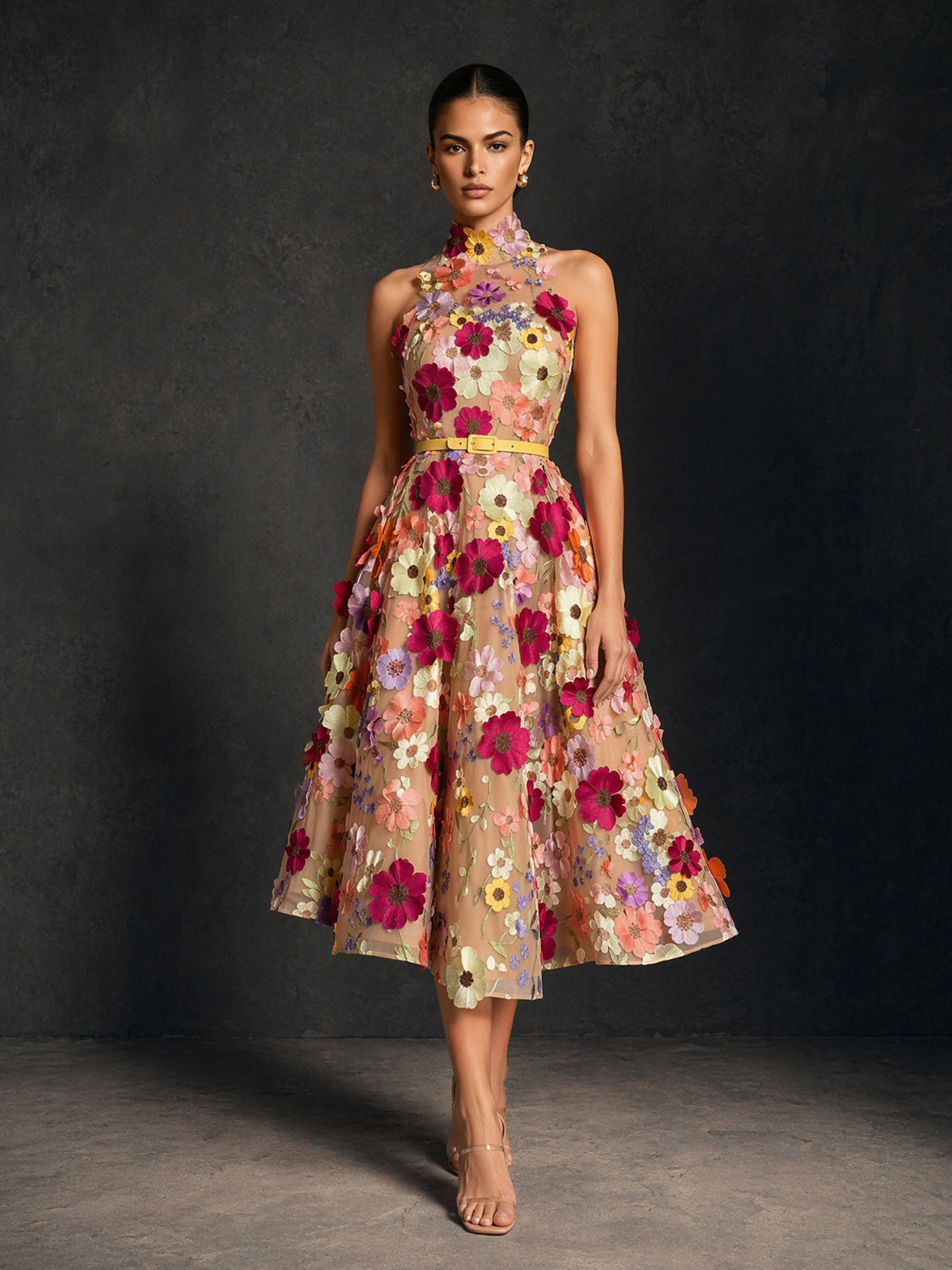BOLODOO 3D floral applique halter midi dress – front standing view with yellow belt