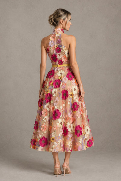 BOLODOO 3D Floral Applique Halter High Neck Open Back A-Line Midi Dress | Cocktail & Wedding Guest 
