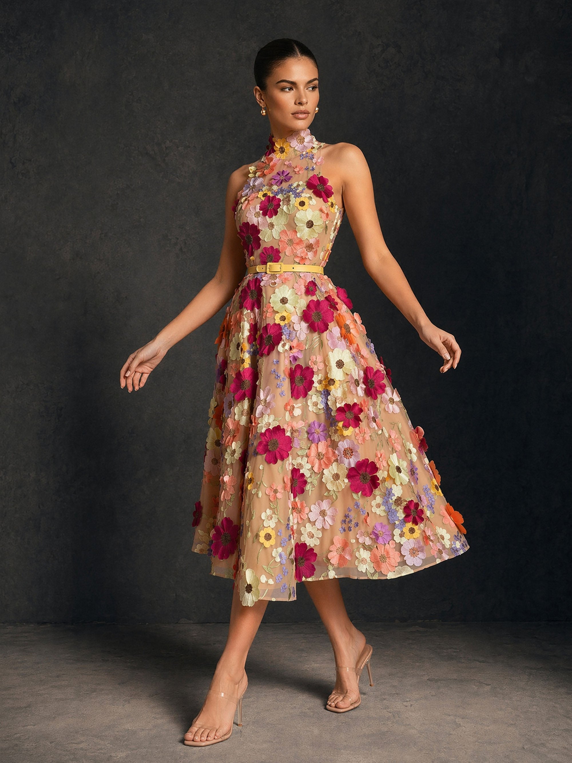BOLODOO 3D floral applique halter midi dress – bodice and high halter neckline close-up detail