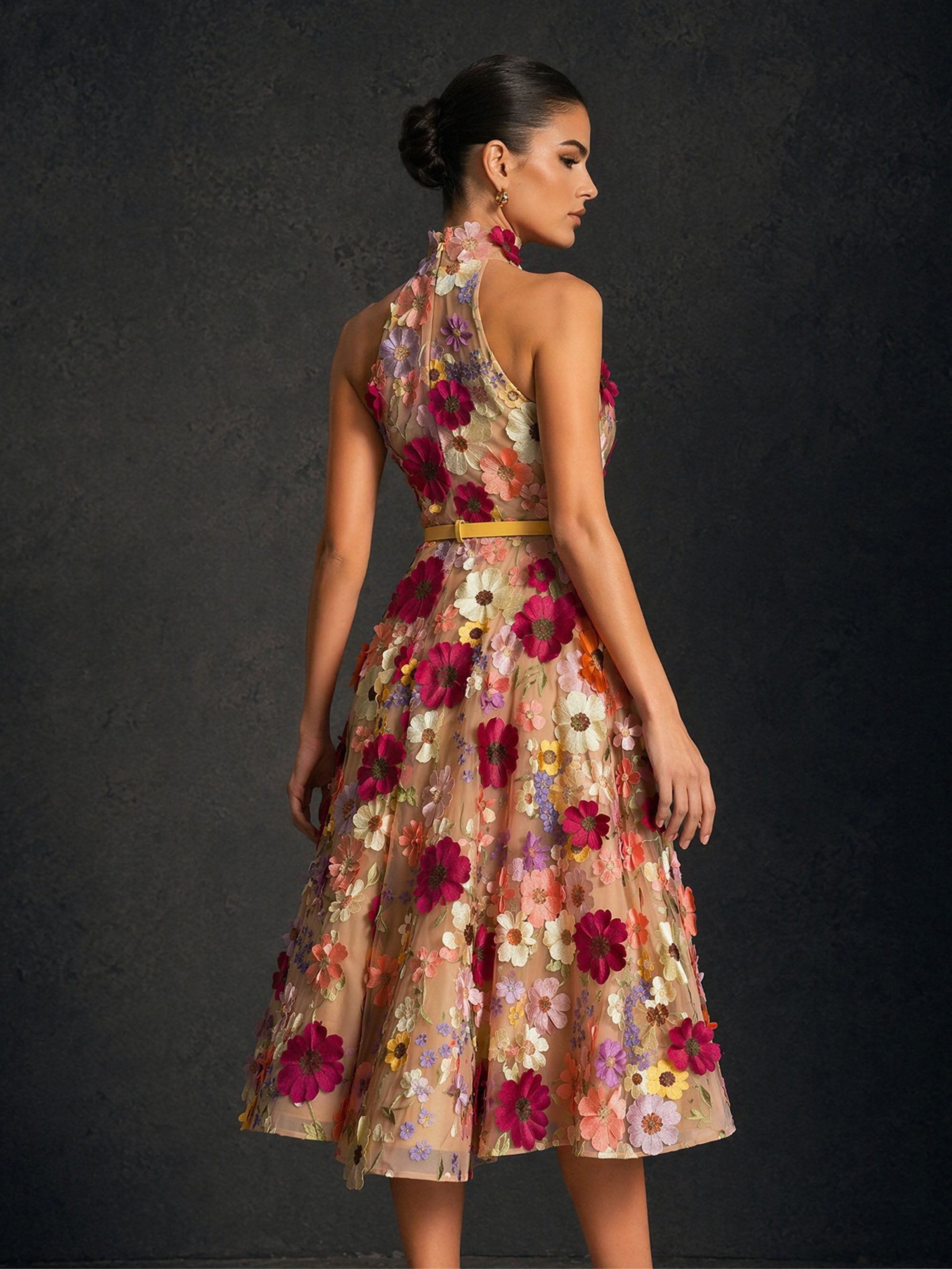 BOLODOO 3D floral applique midi dress – back view with open back and halter neckline