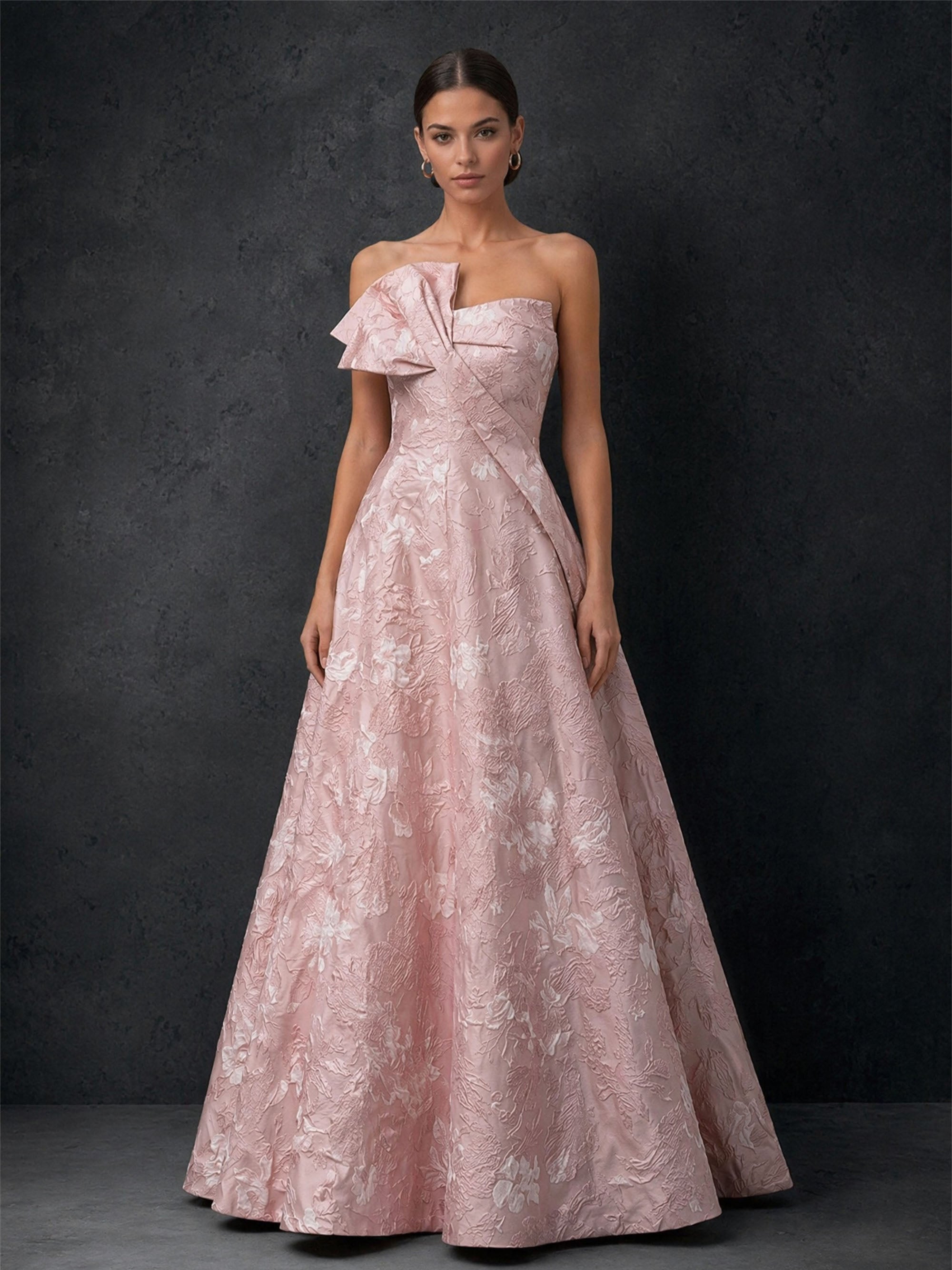 BOLODOO blush pink floral jacquard strapless asymmetric fold A-line ball gown – front full length view