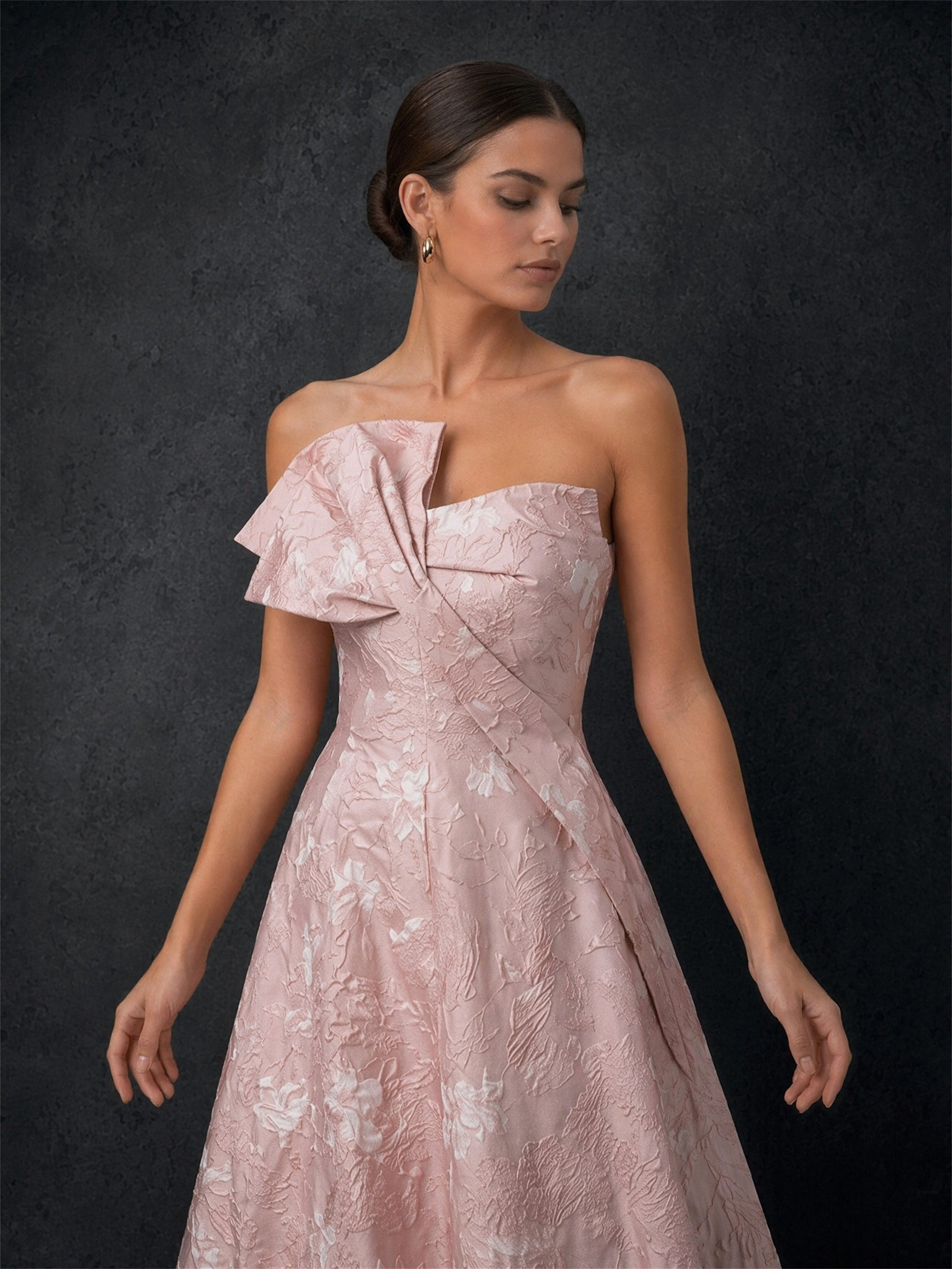 BOLODOO blush pink floral jacquard strapless ball gown – front standing full length view