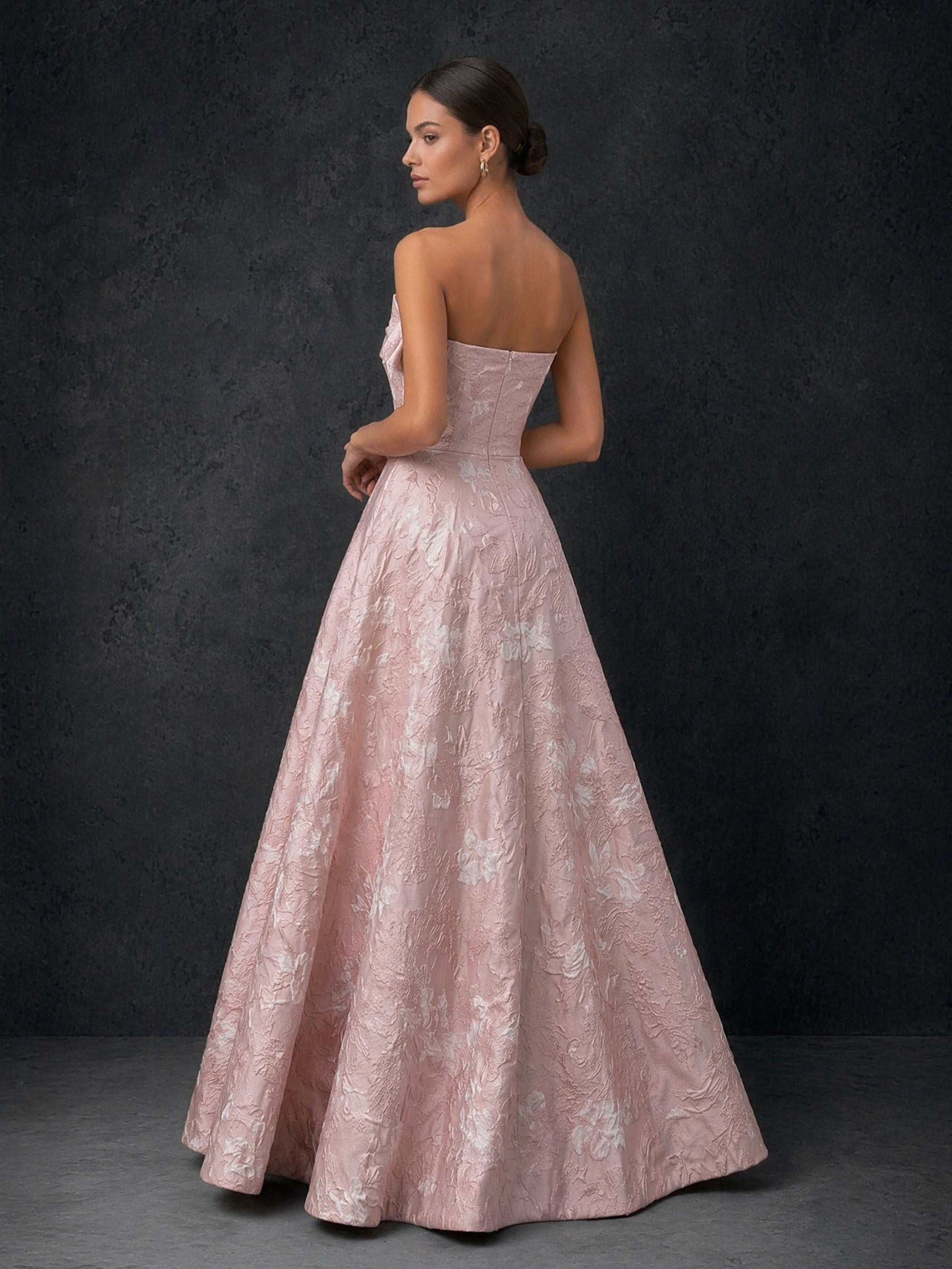 BOLODOO blush pink floral jacquard gown – strapless asymmetric fold bodice close-up detail
