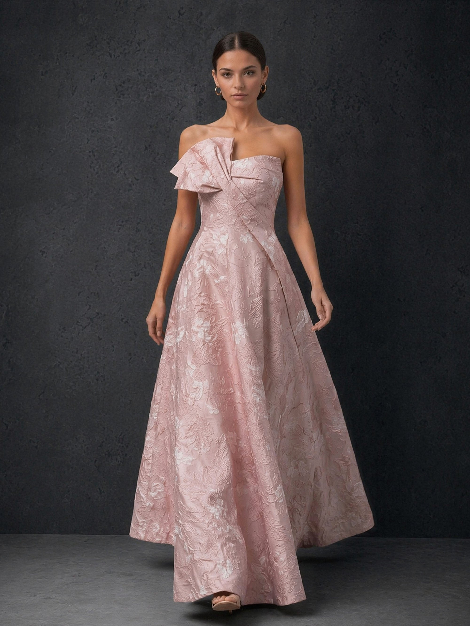 BOLODOO blush pink floral jacquard ball gown – back view with covered back and zipper closure