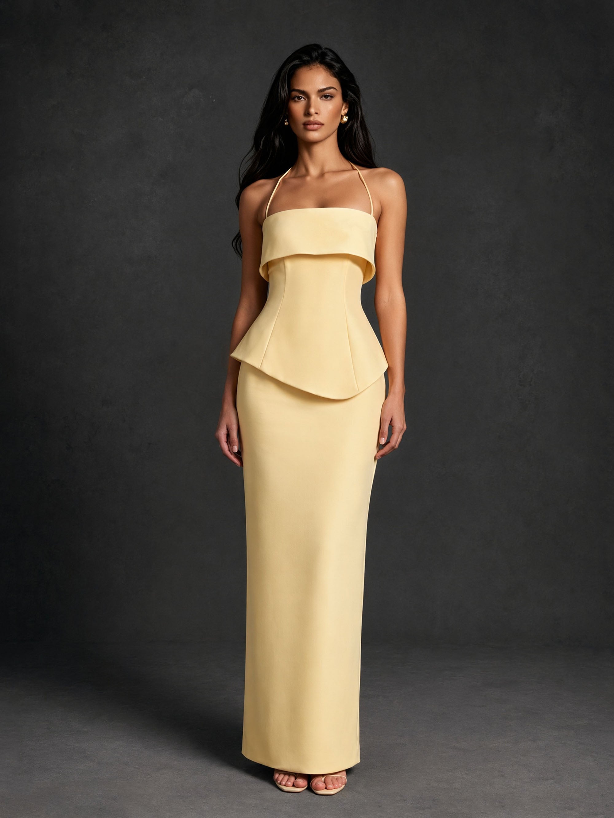 BOLODOO butter yellow halter neck backless peplum fold-over column maxi dress – front full length view