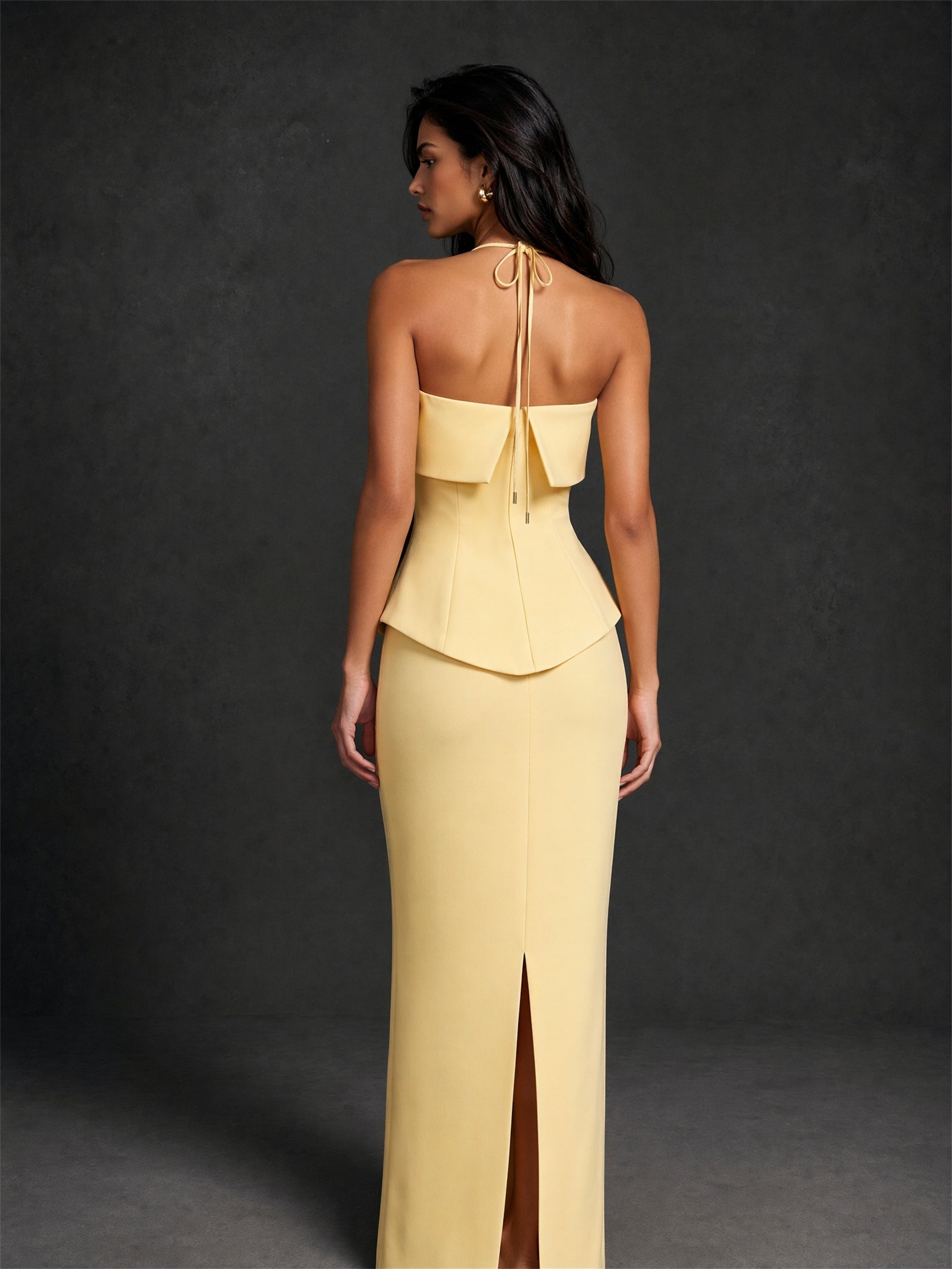 BOLODOO butter yellow halter peplum column maxi dress – front standing full length view