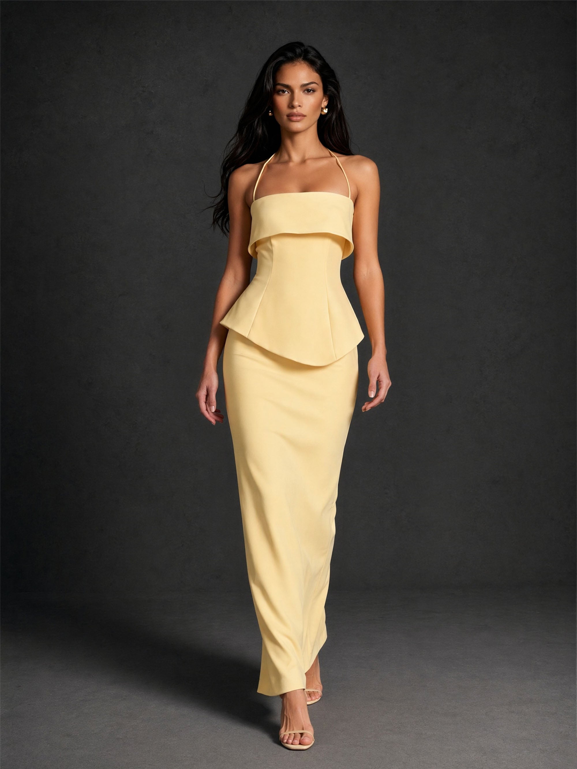 BOLODOO butter yellow halter peplum maxi dress – fold-over bodice and halter neckline close-up detail