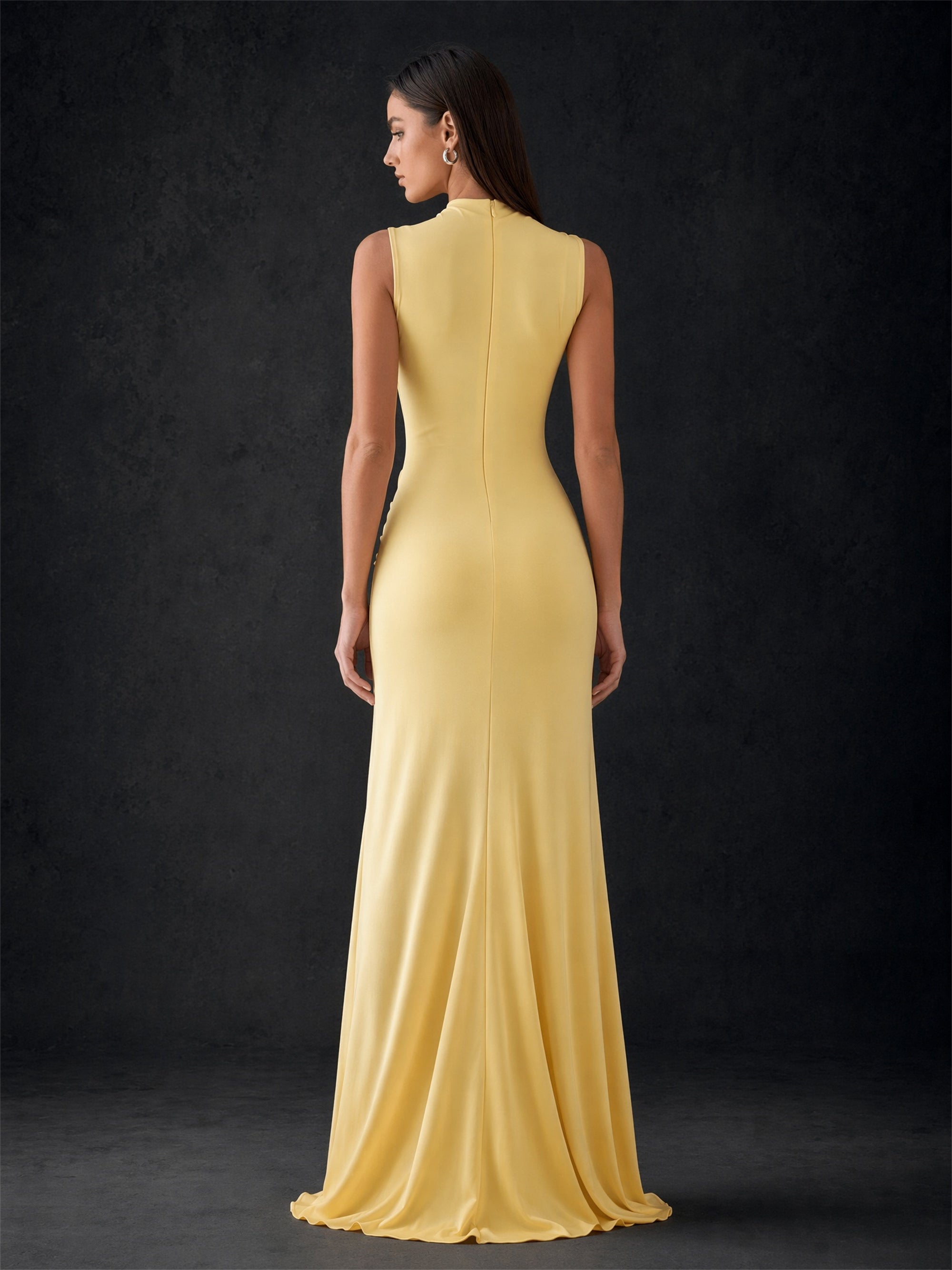 BOLODOO pale yellow high neck ruched satin gown – bodice and mock neckline close-up detail