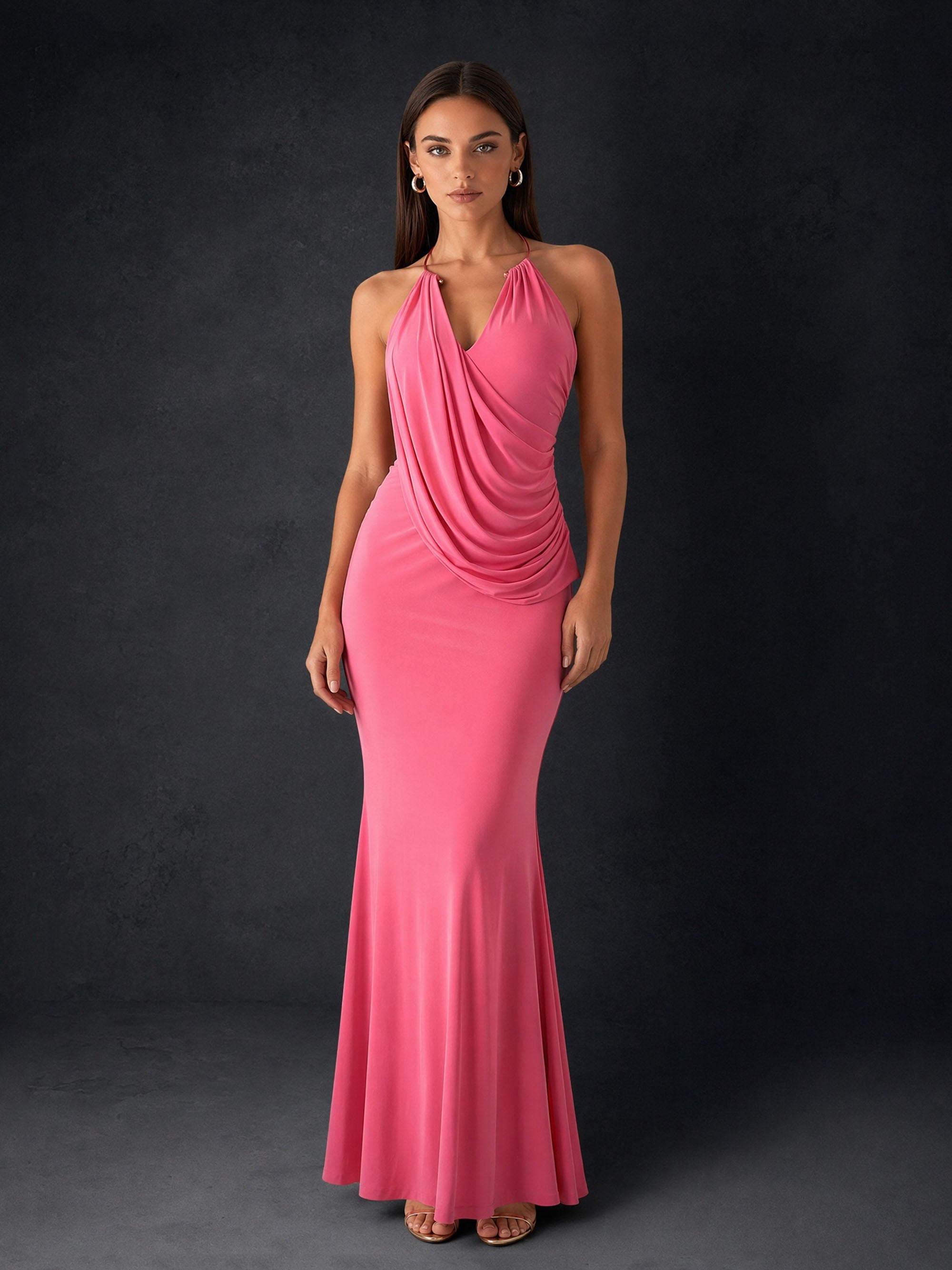 BOLODOO hot pink halter neck cowl drape backless mermaid column maxi gown – front full length view