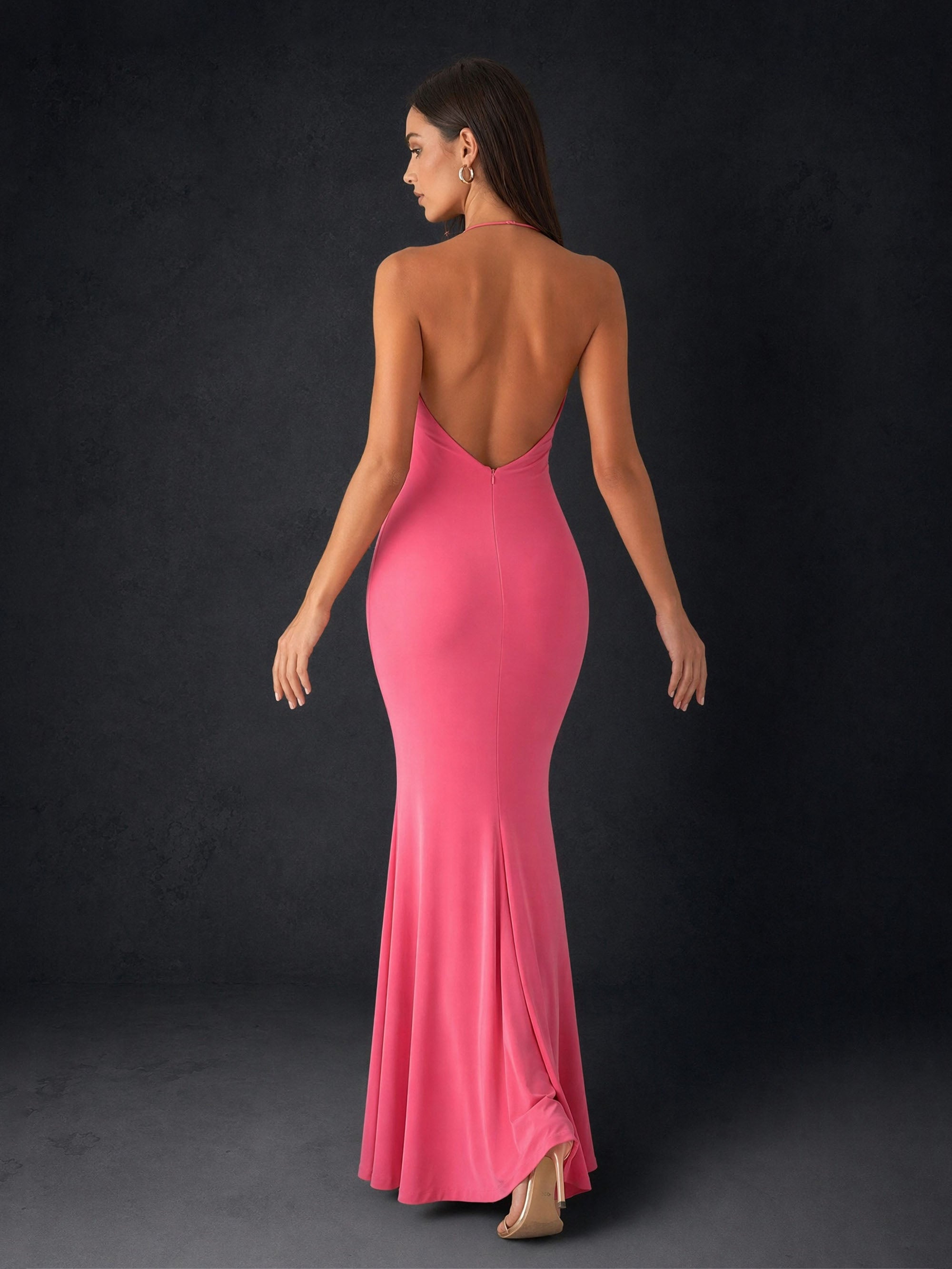 BOLODOO hot pink halter cowl drape gown – draped bodice and neckline close-up detail