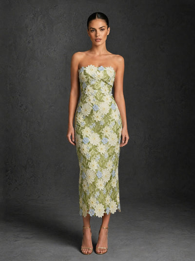 BOLODOO sage green 3D floral applique strapless straight neck column midi dress – front full length view