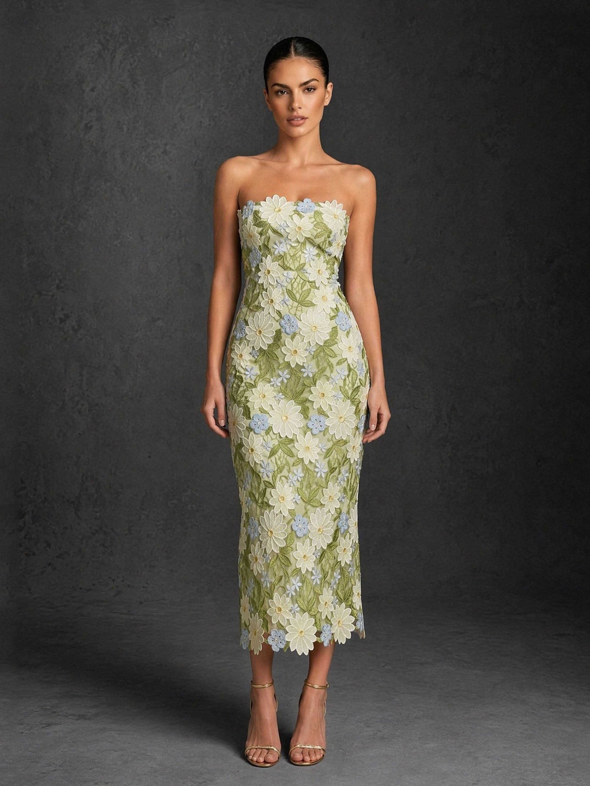 BOLODOO sage green 3D floral applique strapless straight neck column midi dress – front full length view