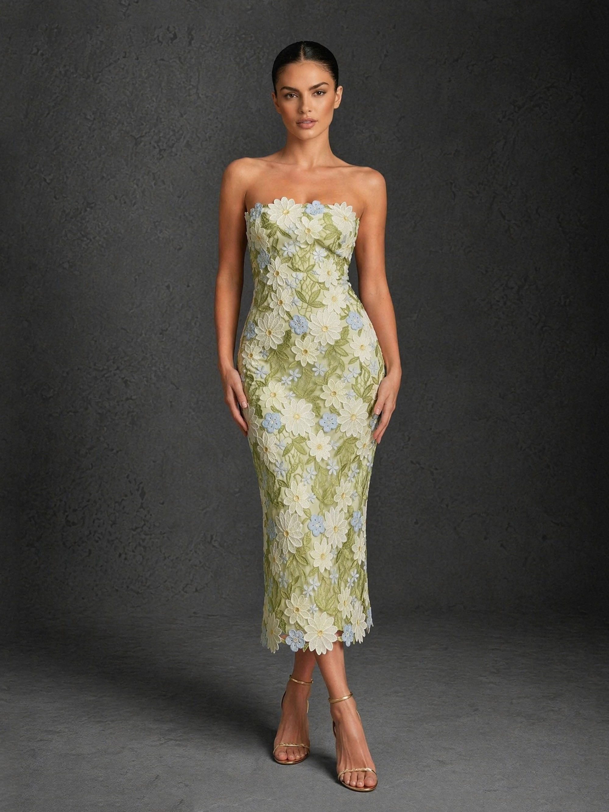 BOLODOO sage green 3D floral applique strapless midi dress – front standing full length view