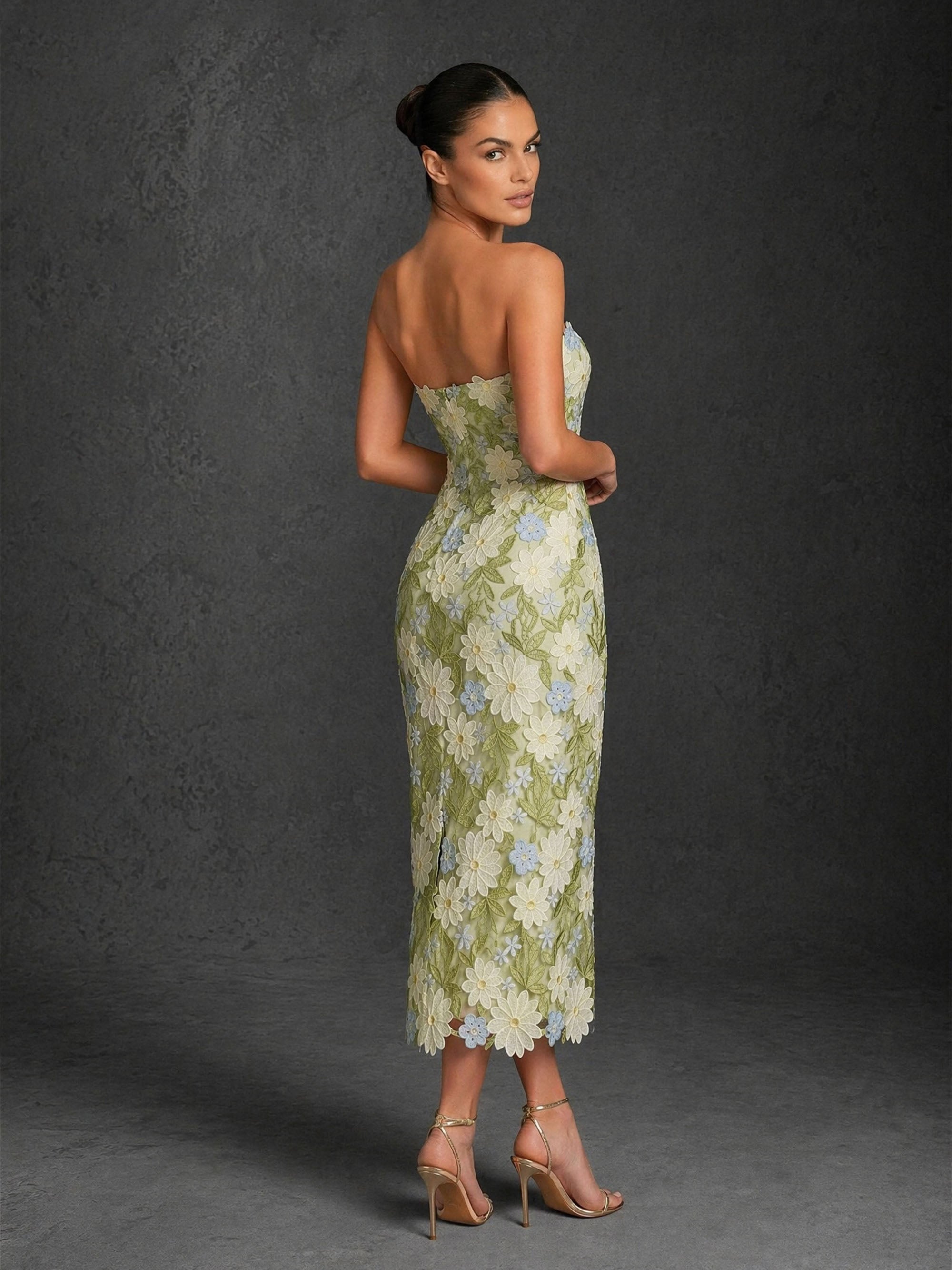 BOLODOO sage green 3D floral applique midi dress – back view with covered back and zipper closure