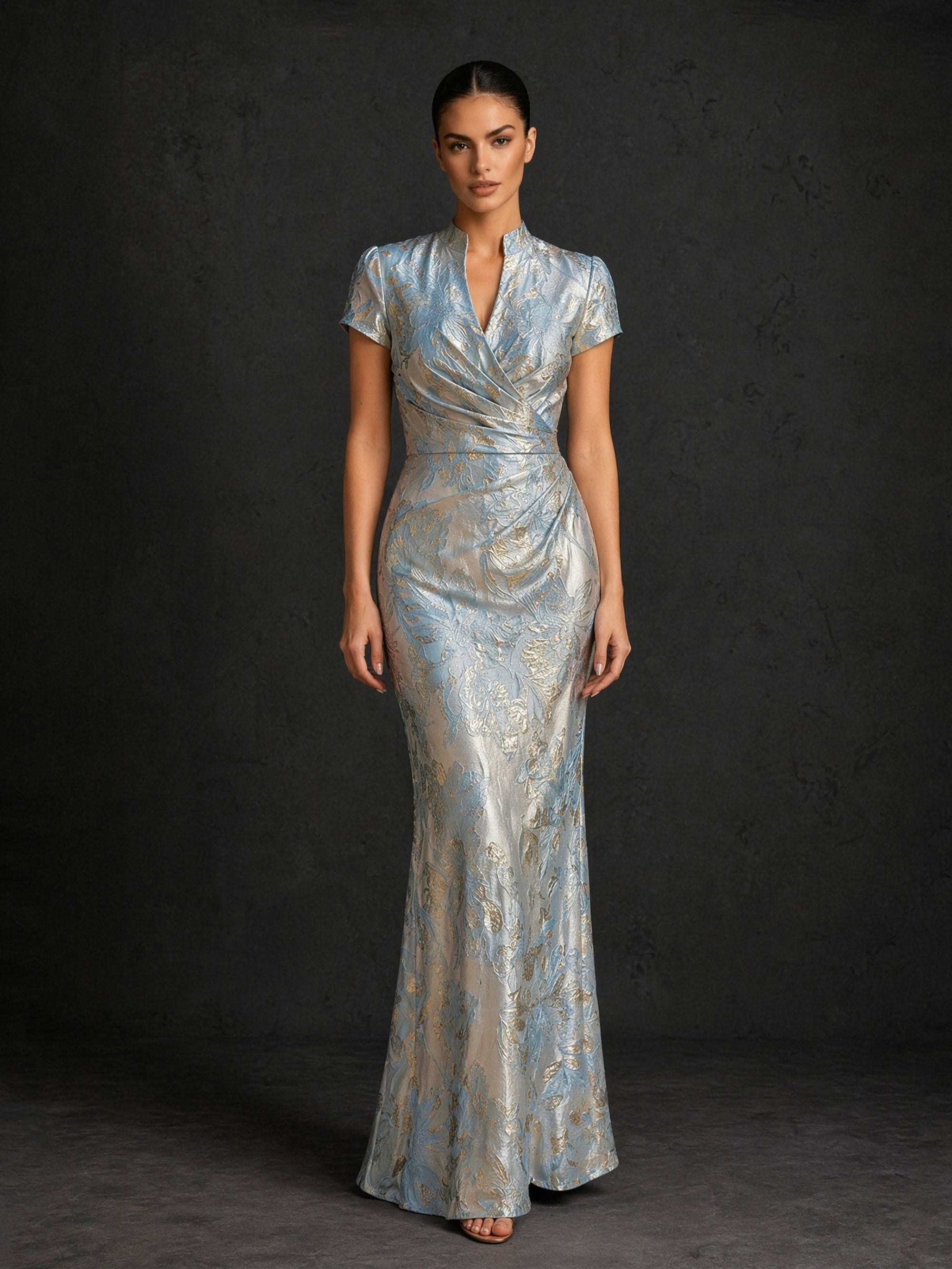 BOLODOO silver blue metallic floral jacquard mandarin collar V-neck cap sleeve mermaid maxi gown – front full length view