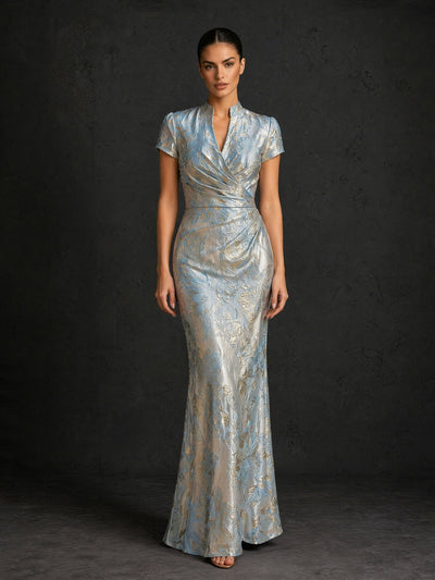 BOLODOO silver blue metallic floral jacquard mandarin collar V-neck cap sleeve mermaid maxi gown – front full length view