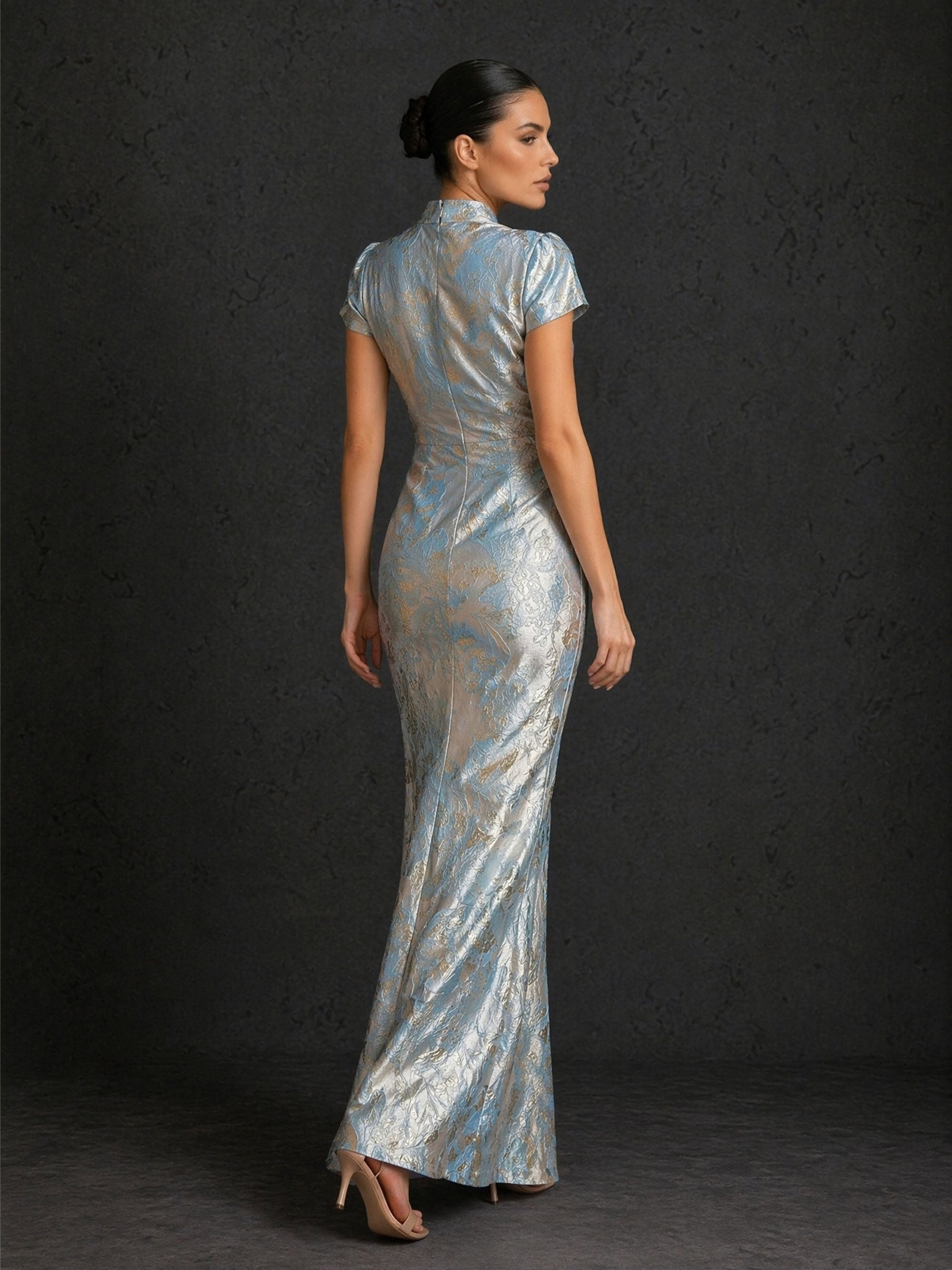 BOLODOO silver blue metallic jacquard gown – mandarin collar V-neck wrap bodice and cap sleeve close-up detail