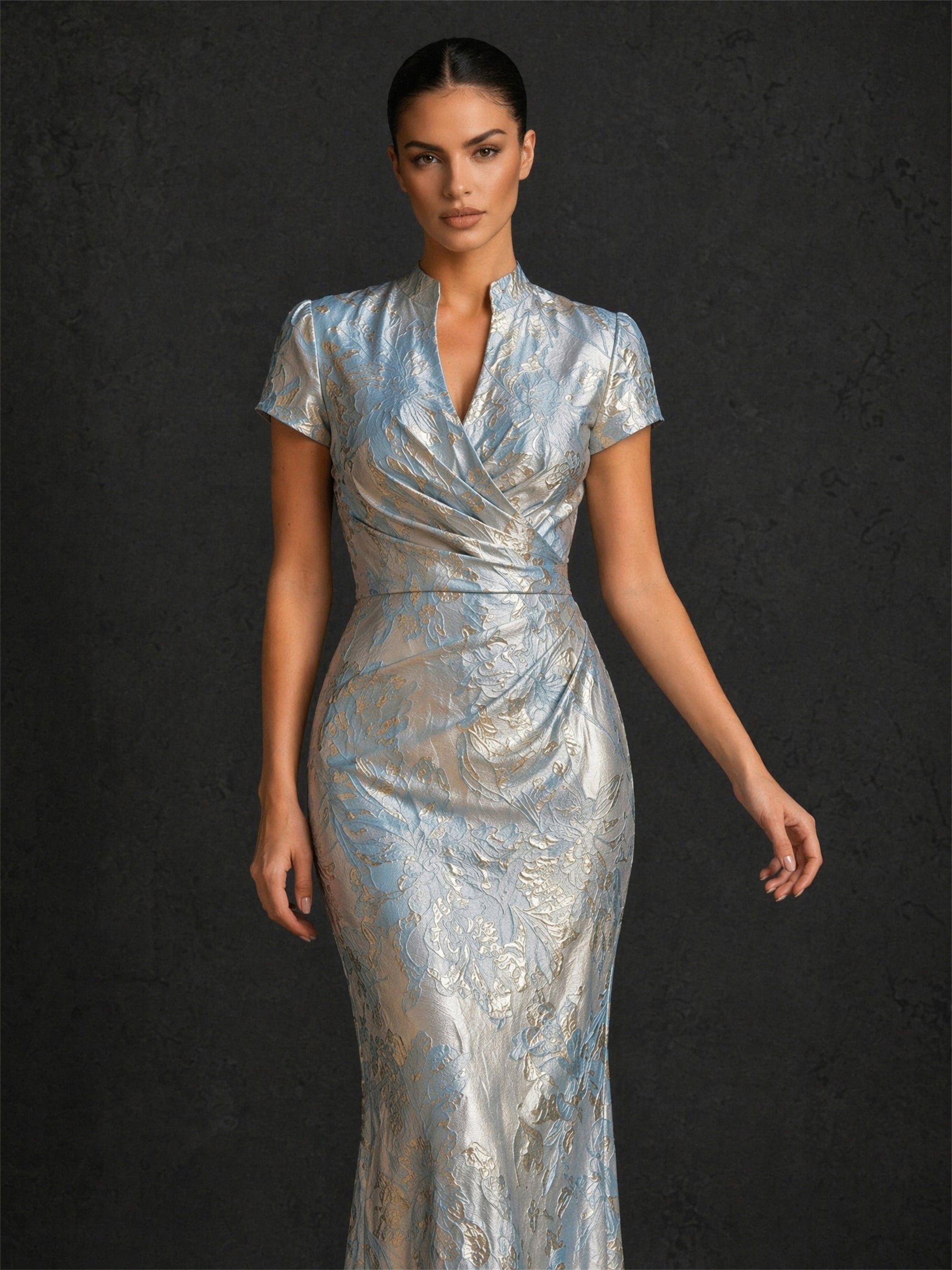 BOLODOO silver blue metallic jacquard mermaid gown – back view with covered back and zipper closure