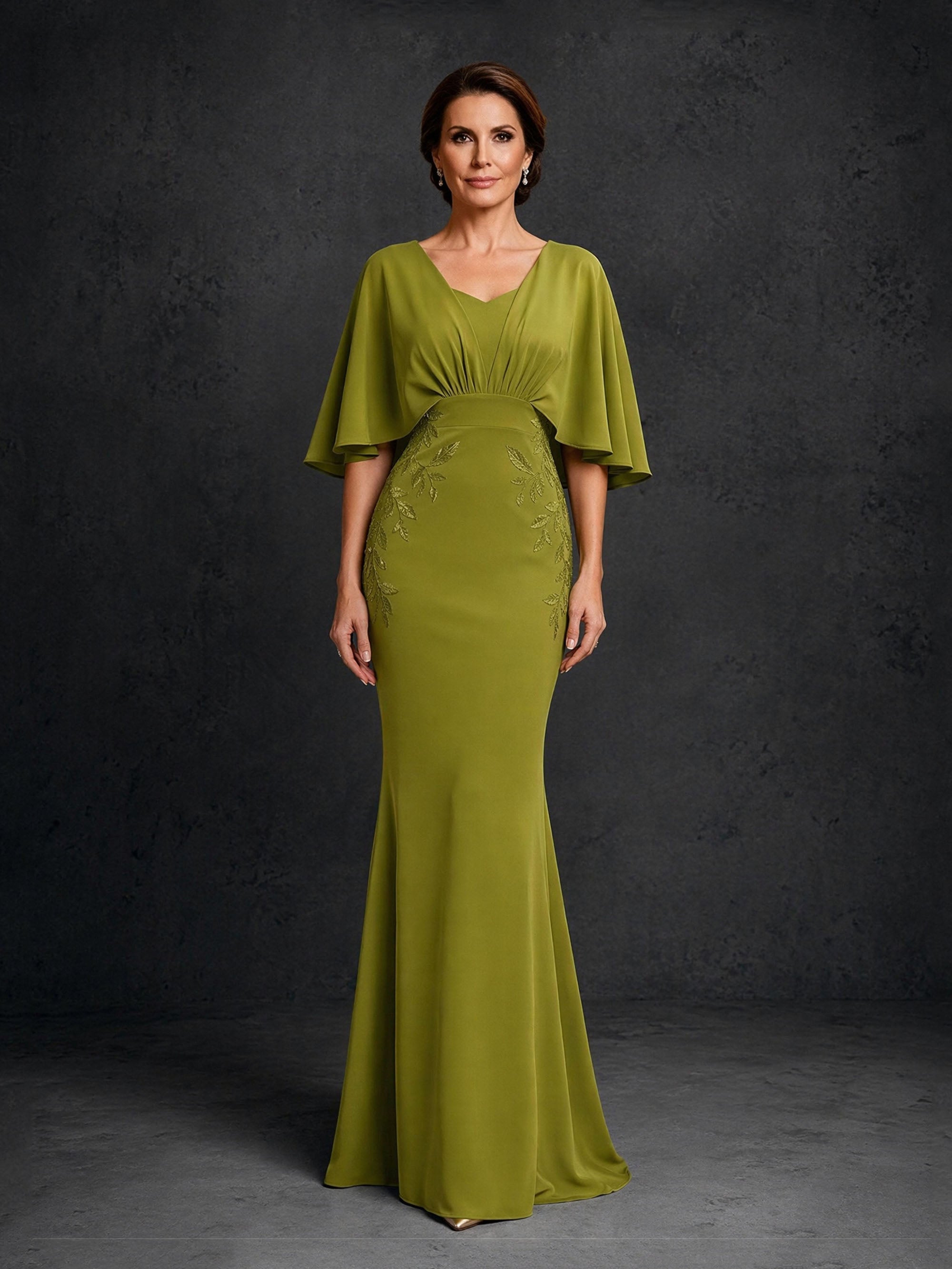 BOLODOO olive green V-neck flutter cape sleeve leaf embroidered chiffon mermaid maxi gown – front full length view