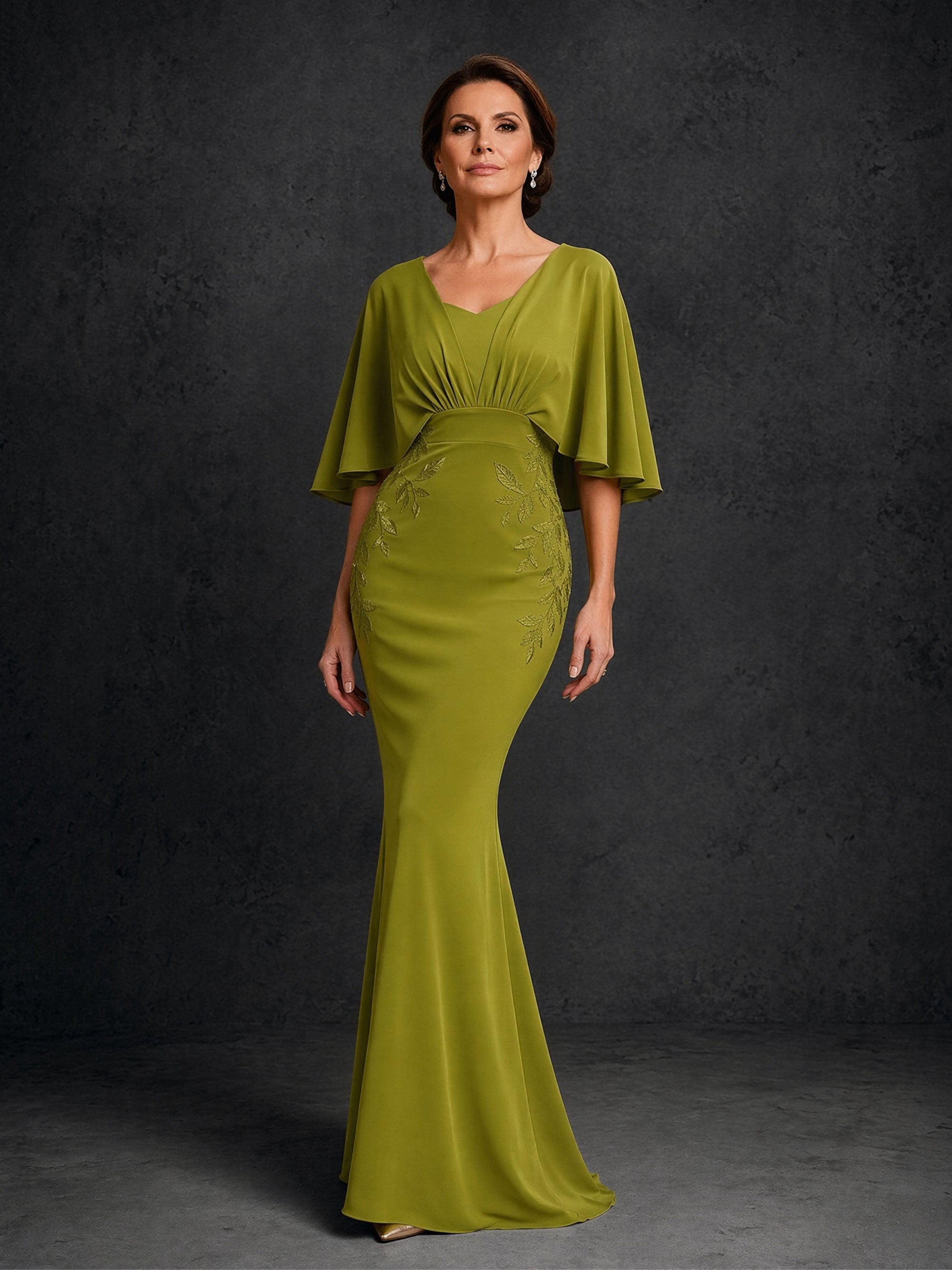 BOLODOO olive green cape sleeve mermaid gown – front standing full length view