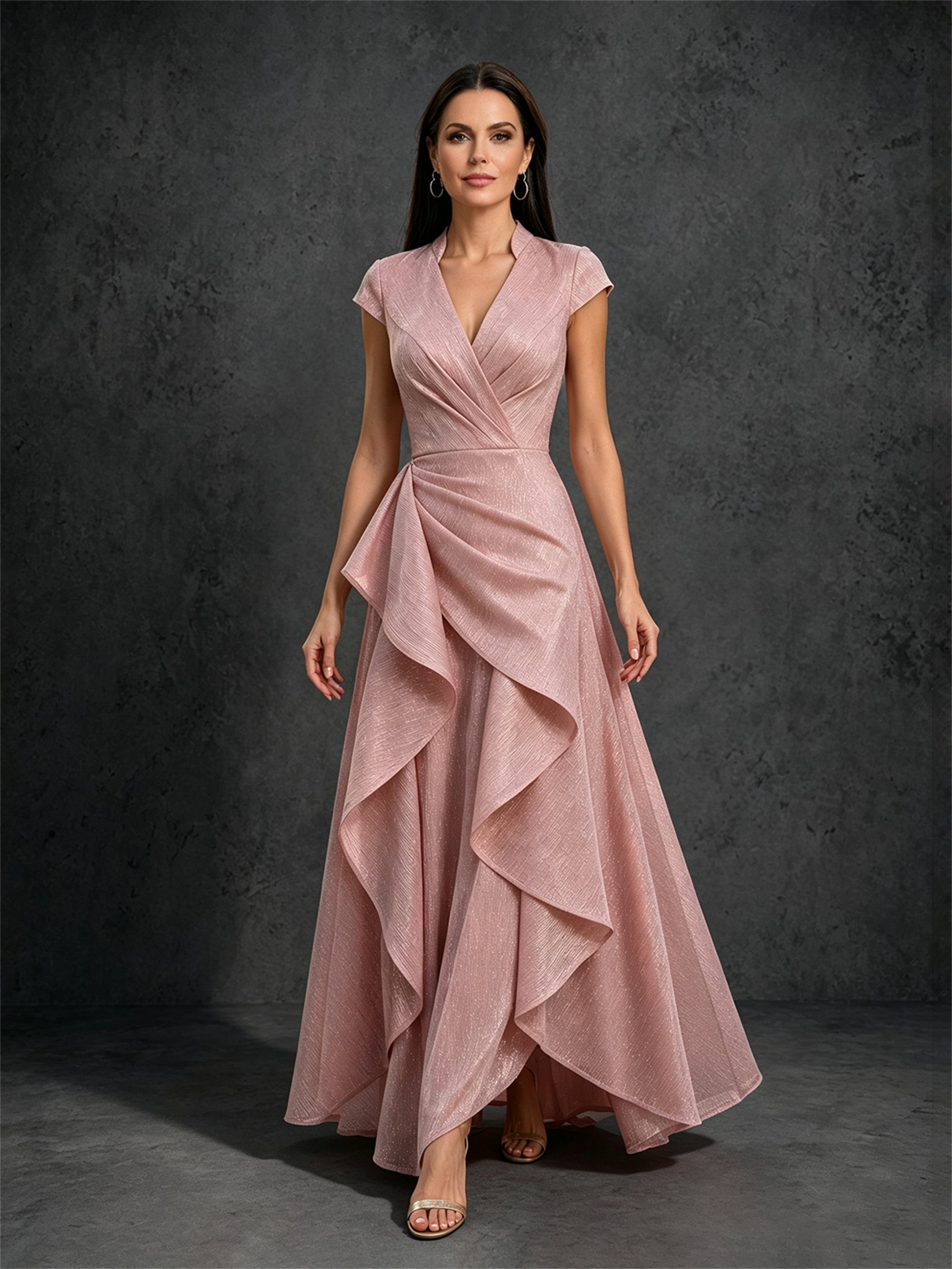 BOLODOO dusty rose glitter cascade ruffle gown – front standing full length view