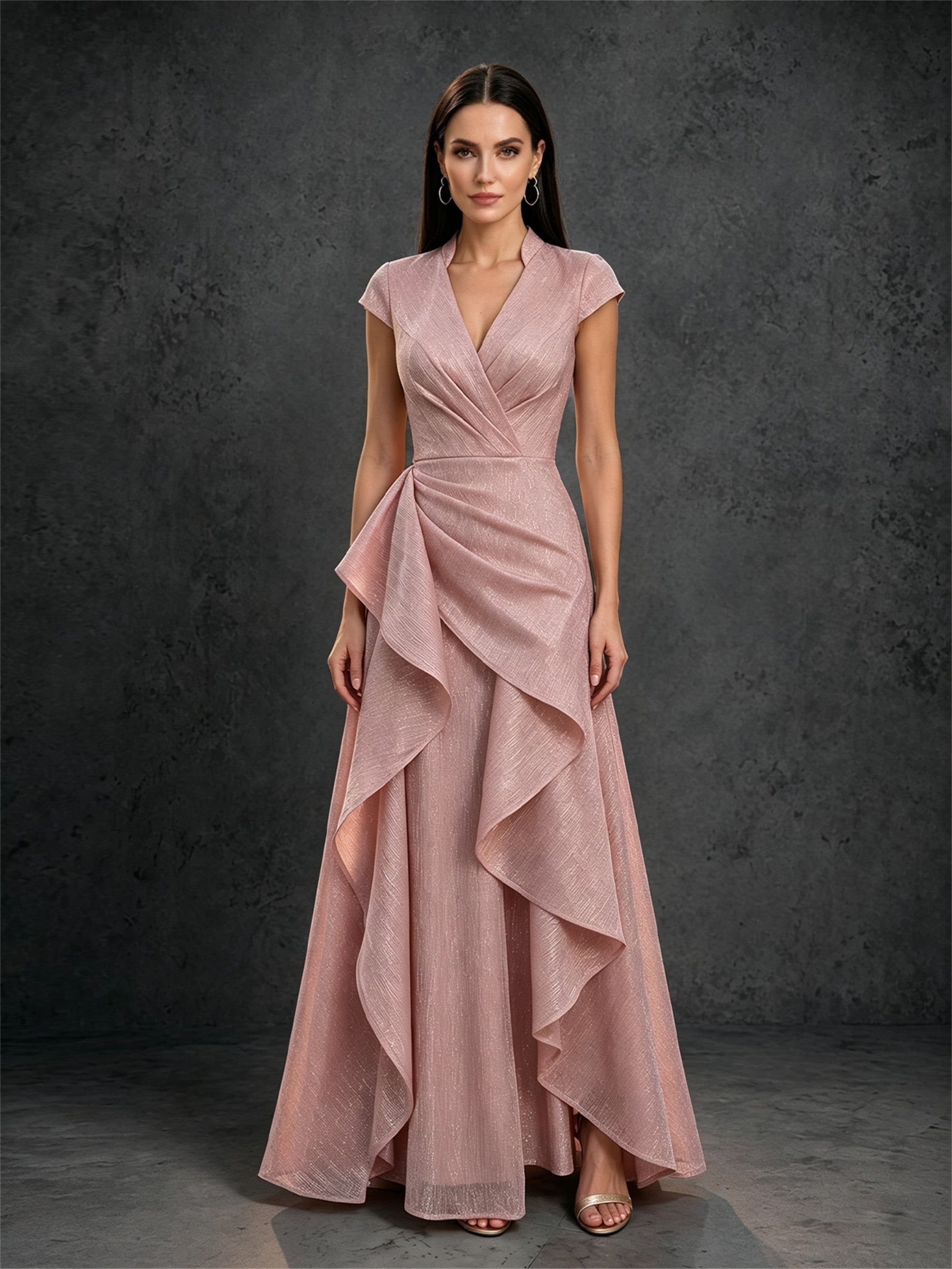 BOLODOO dusty rose glitter A-line gown – back view with mandarin collar, covered back and zipper closure