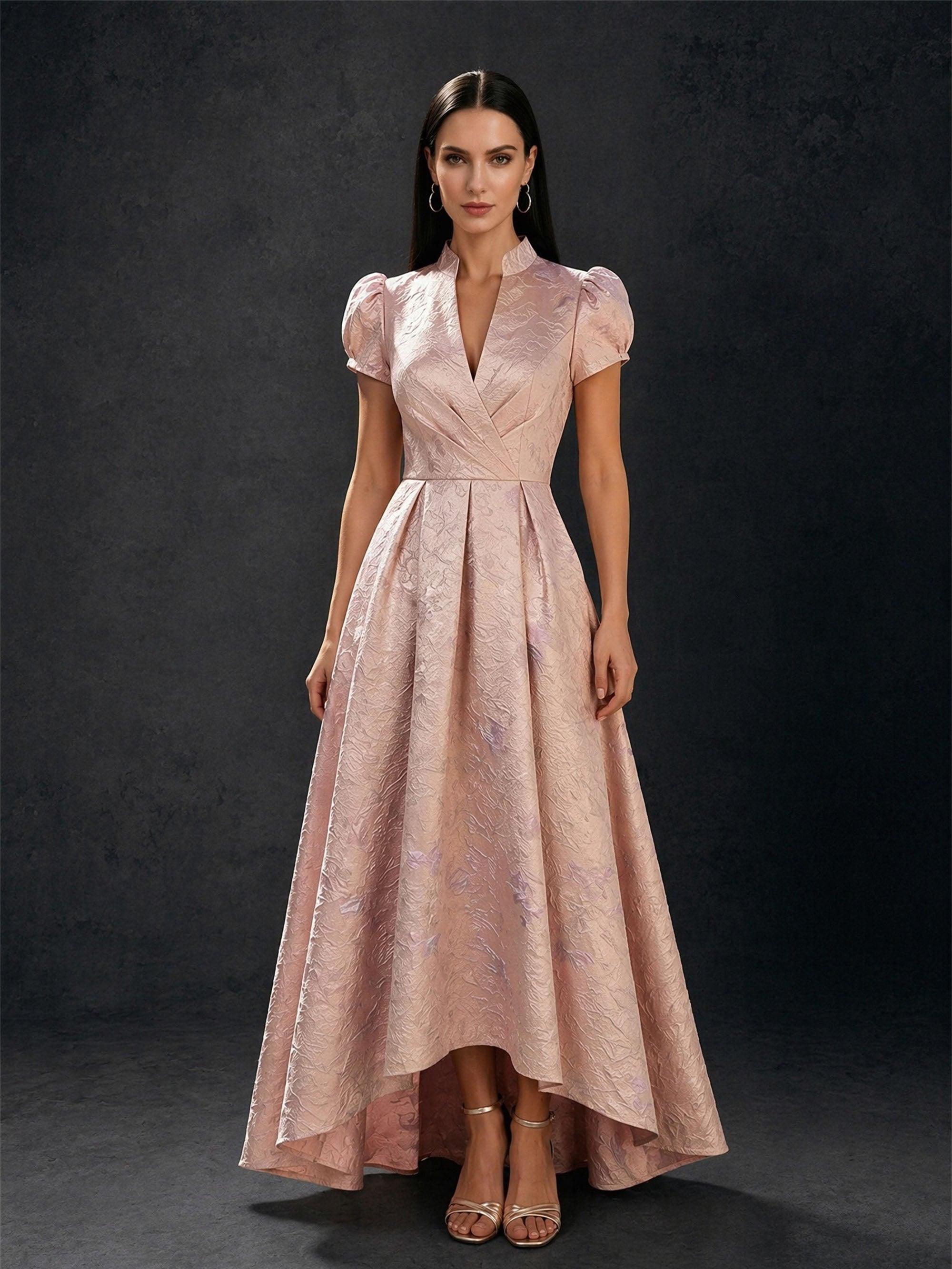 BOLODOO rose pink floral jacquard mandarin collar V-neck puff cap sleeve high-low A-line maxi gown – front full length view