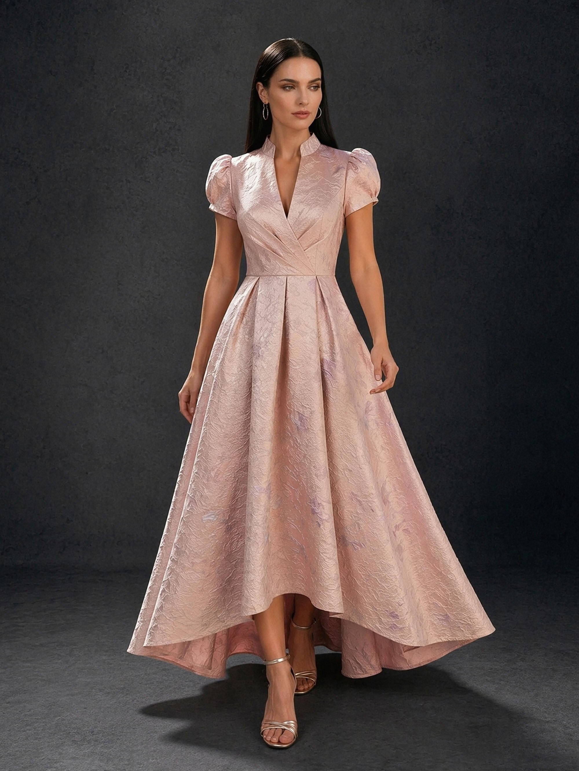 BOLODOO rose pink floral jacquard high-low gown – front walking view showing high-low hem
