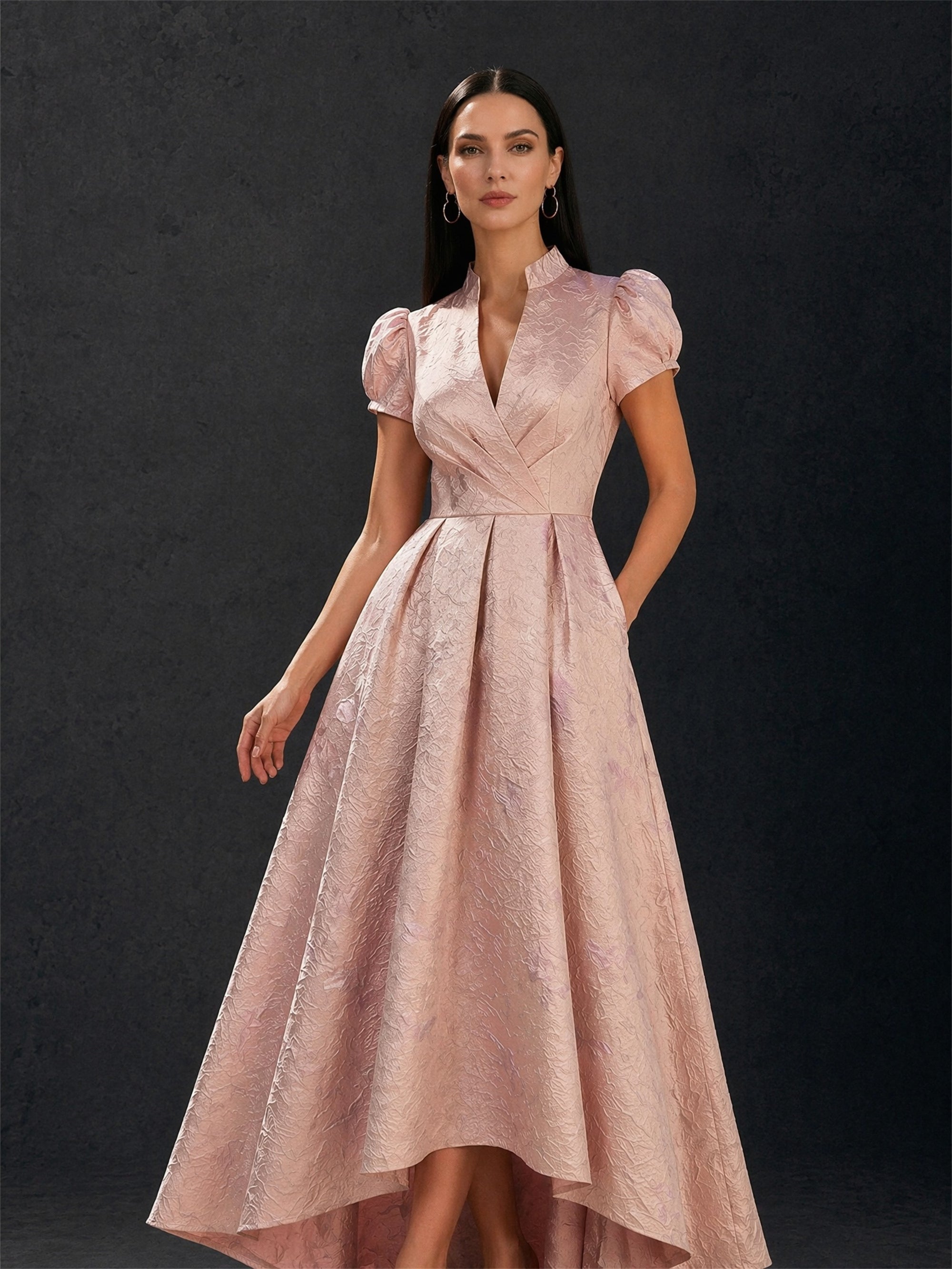 BOLODOO rose pink floral jacquard gown – V-neck mandarin collar puff cap sleeve bodice close-up detail