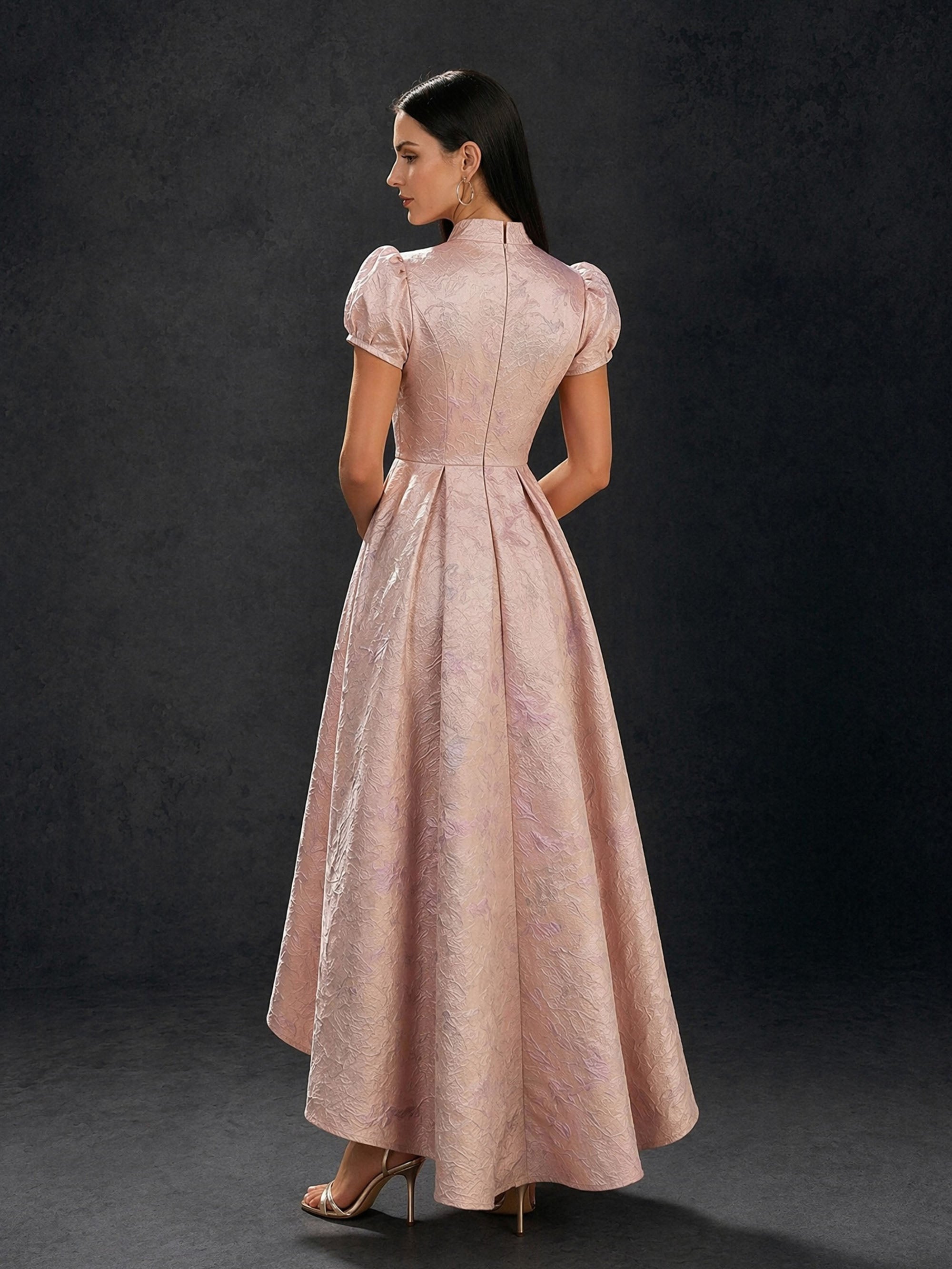 BOLODOO rose pink floral jacquard gown – back view with mandarin collar, covered back and zipper closure