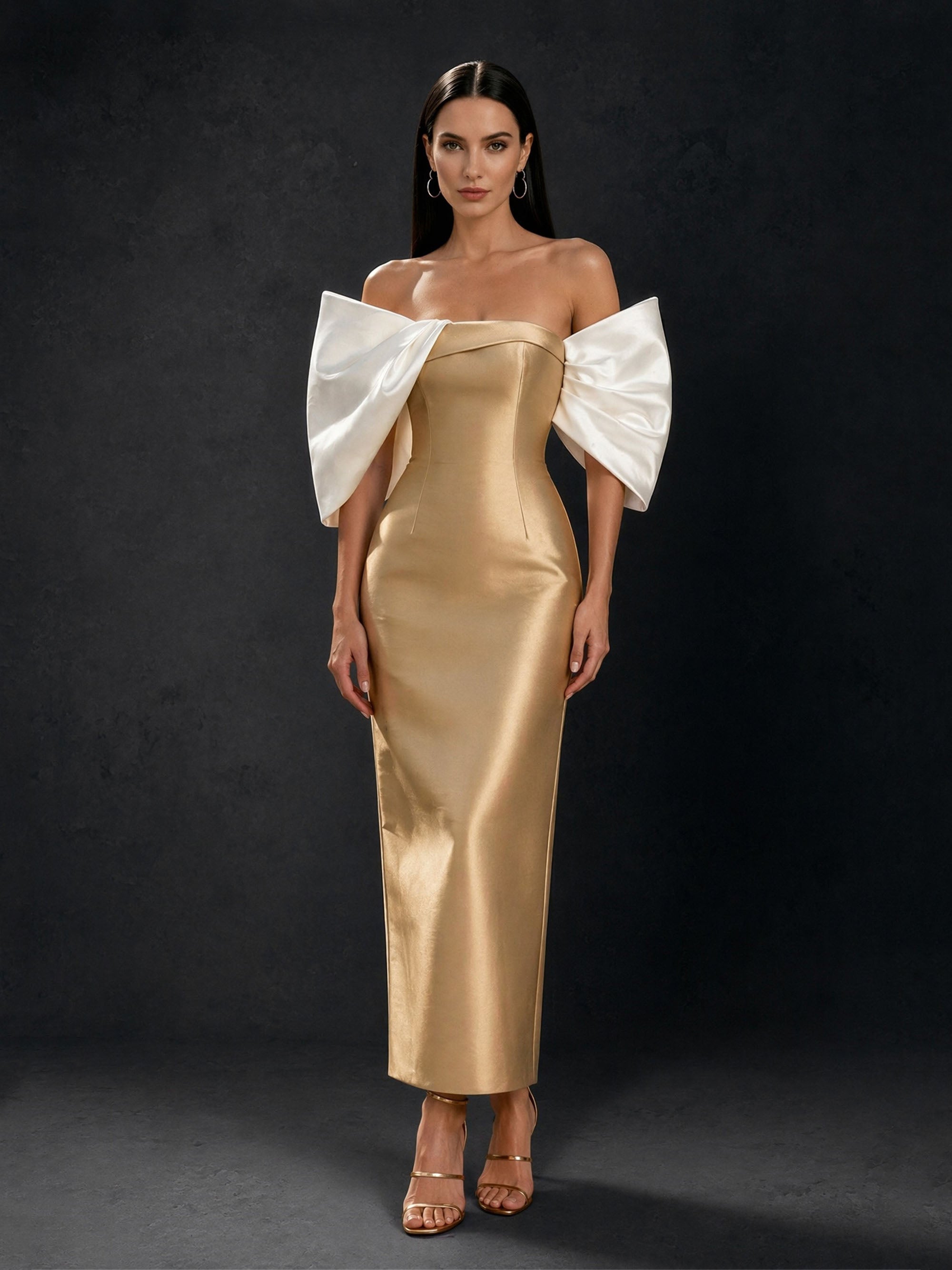 BOLODOO gold satin strapless off-shoulder puff sleeve backless column midi dress – front full length view