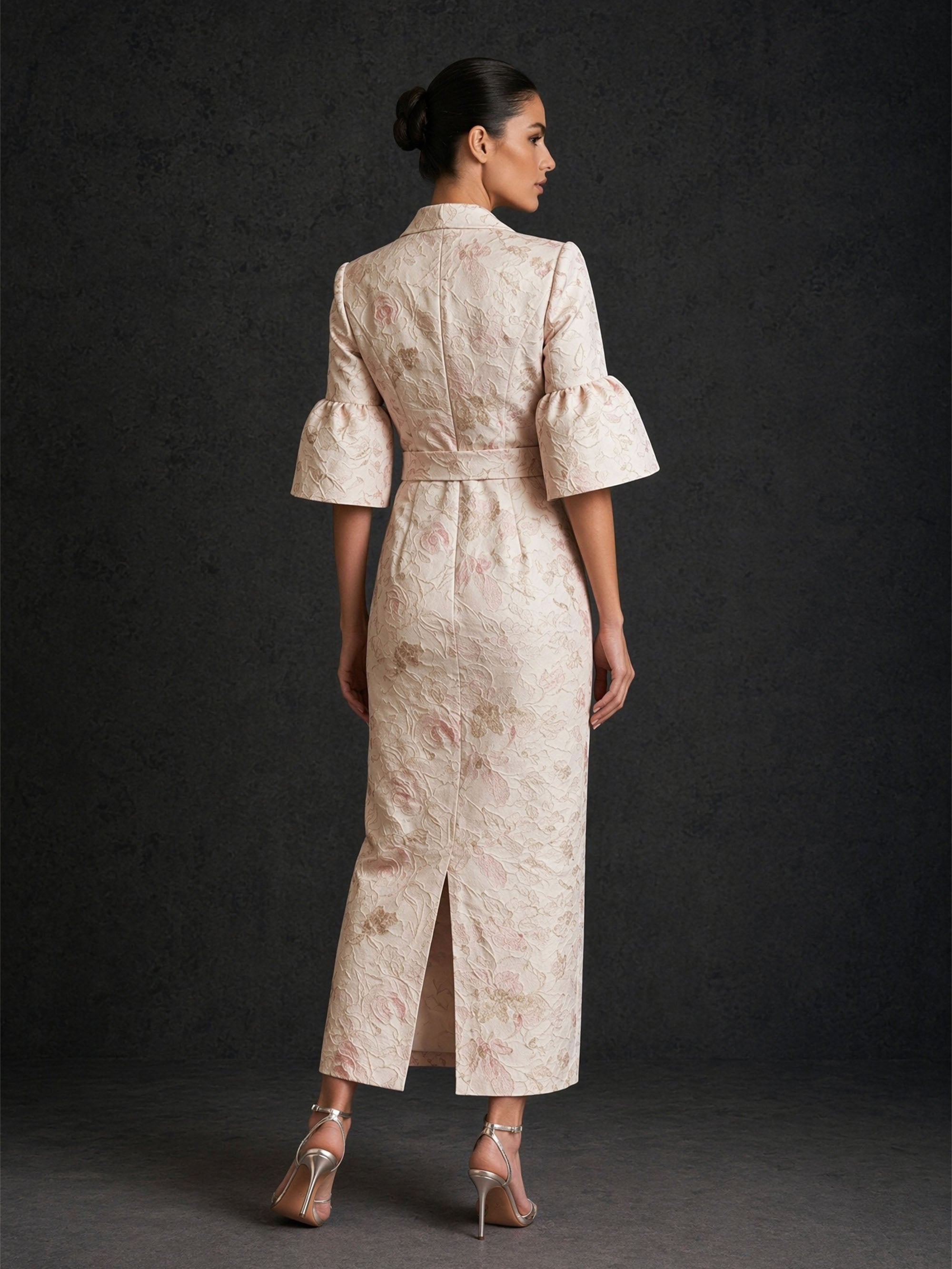 BOLODOO blush floral jacquard blazer dress – notch lapel bodice, bell cuff sleeve and crystal brooch close-up detail