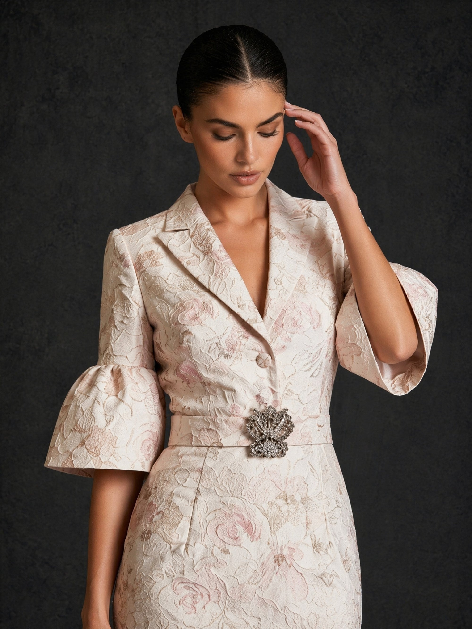 BOLODOO blush floral jacquard column dress – back view with covered back and back slit