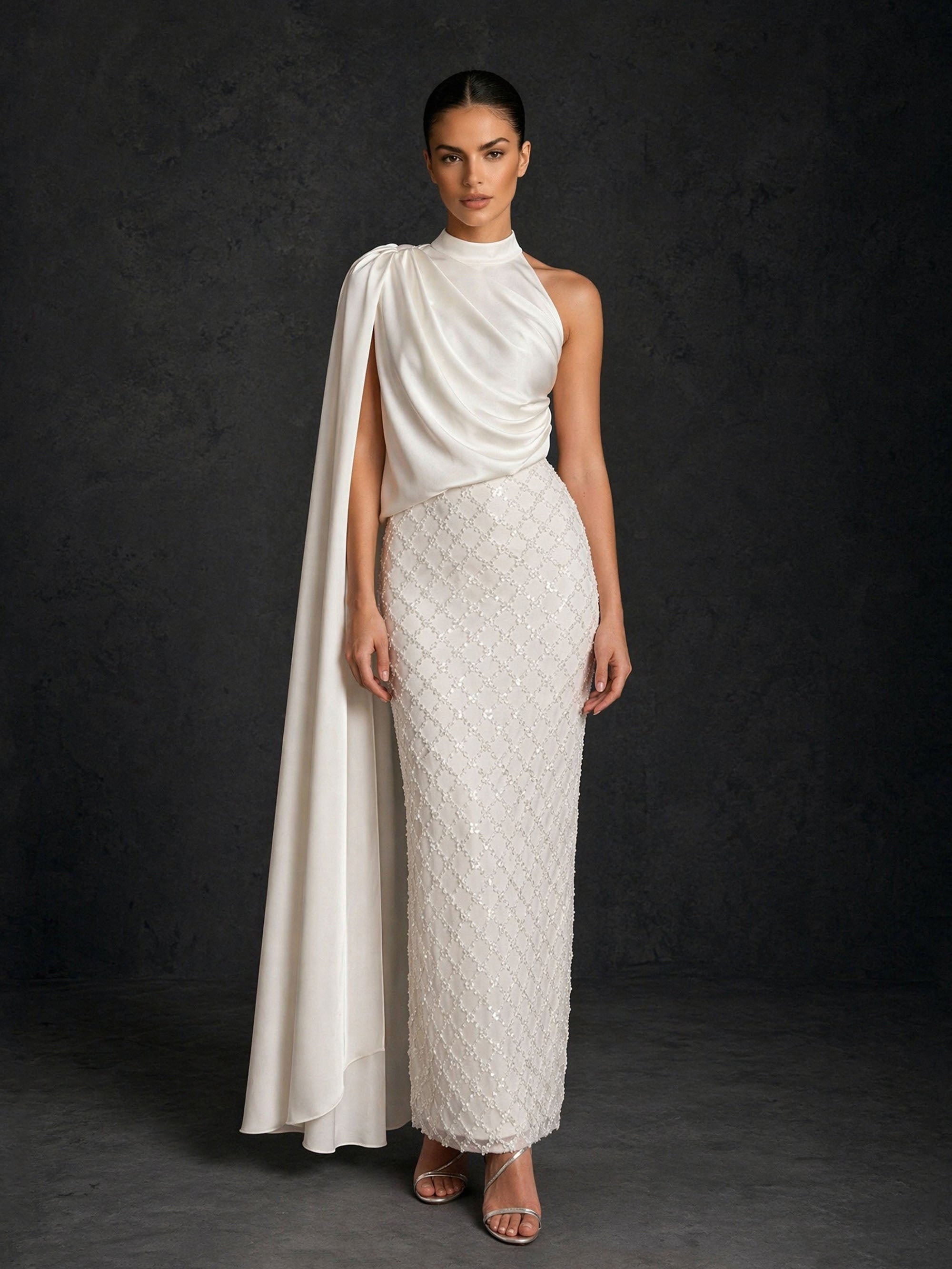 BOLODOO ivory high neck one shoulder cape sleeve draped satin pearl beaded column maxi gown – front full length view