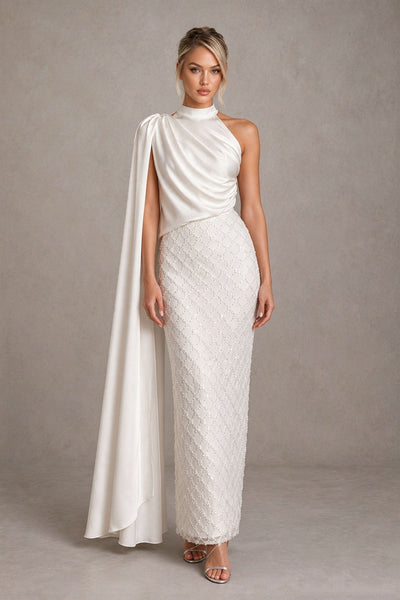 BOLODOO Ivory High Neck One Shoulder Cape Sleeve Pearl Beaded Column Maxi Gown | Wedding Guest & Bridal 