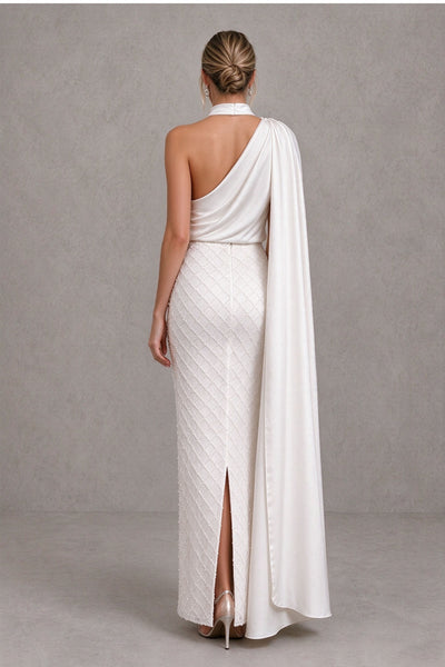 BOLODOO Ivory High Neck One Shoulder Cape Sleeve Pearl Beaded Column Maxi Gown | Wedding Guest & Bridal 