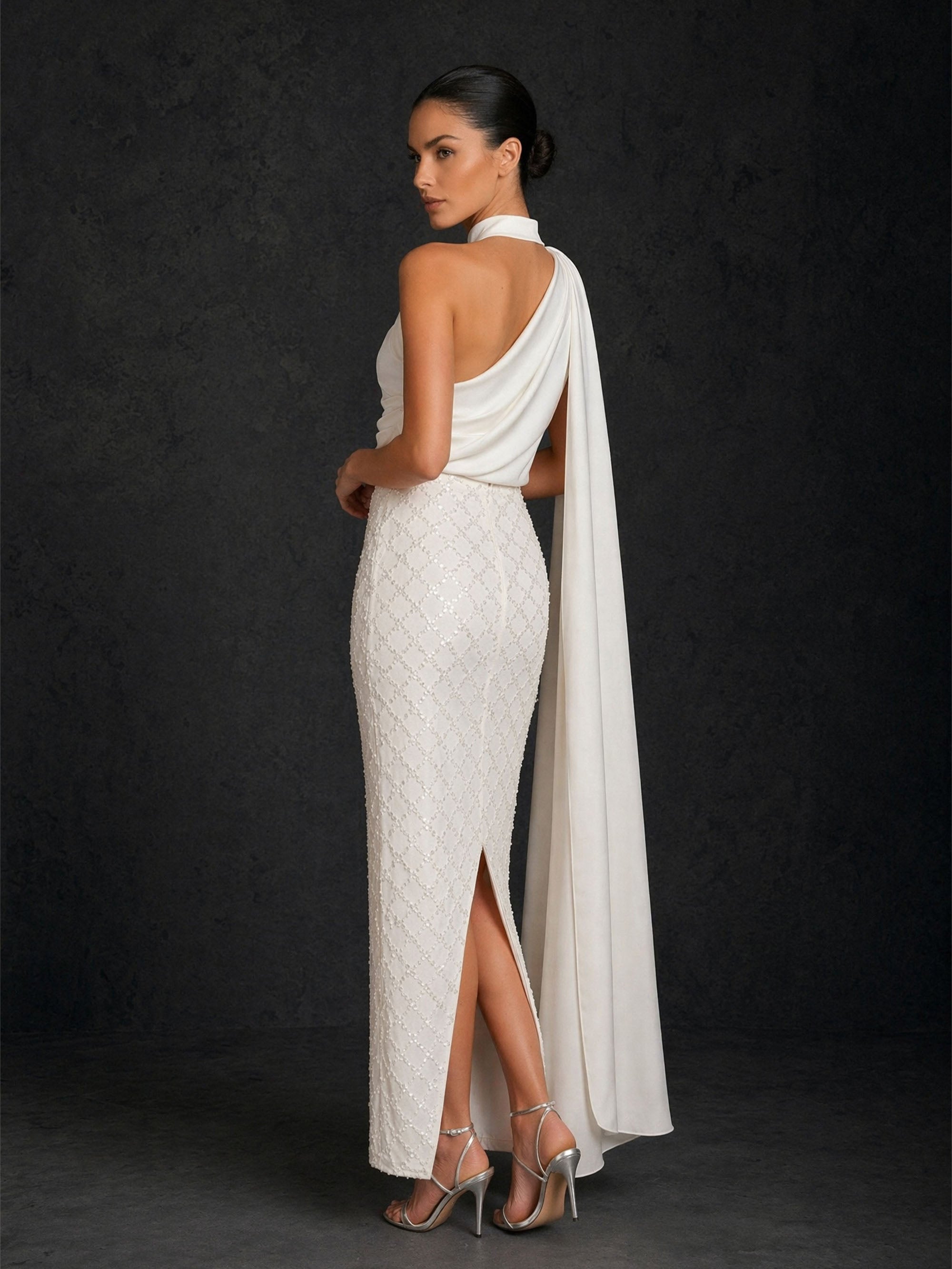 BOLODOO ivory high neck cape gown – draped satin bodice and cape sleeve close-up detail