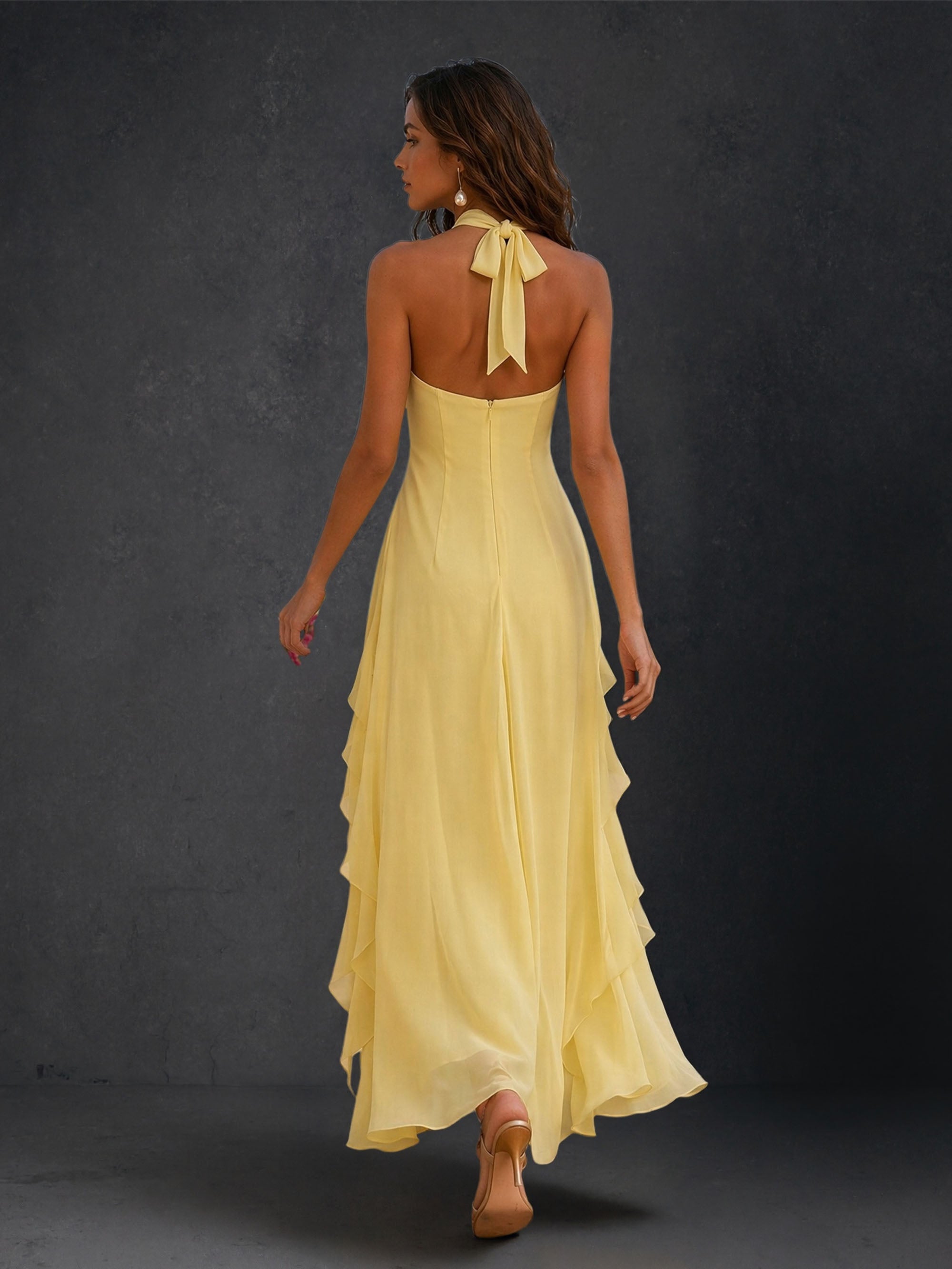 BOLODOO pale yellow halter neck 3D flower cascade ruffle chiffon backless A-line maxi dress – front full length view