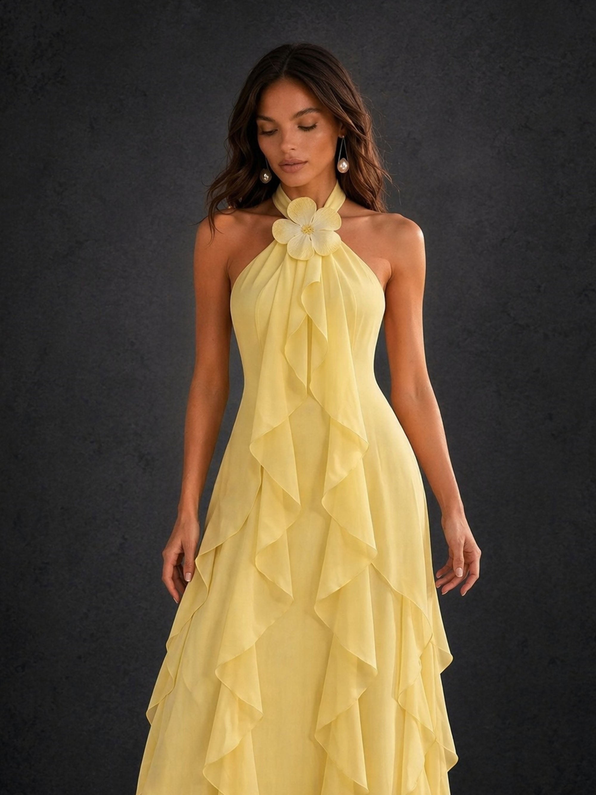 BOLODOO pale yellow halter 3D flower cascade ruffle gown – halter mock neckline and 3D flower applique close-up detail