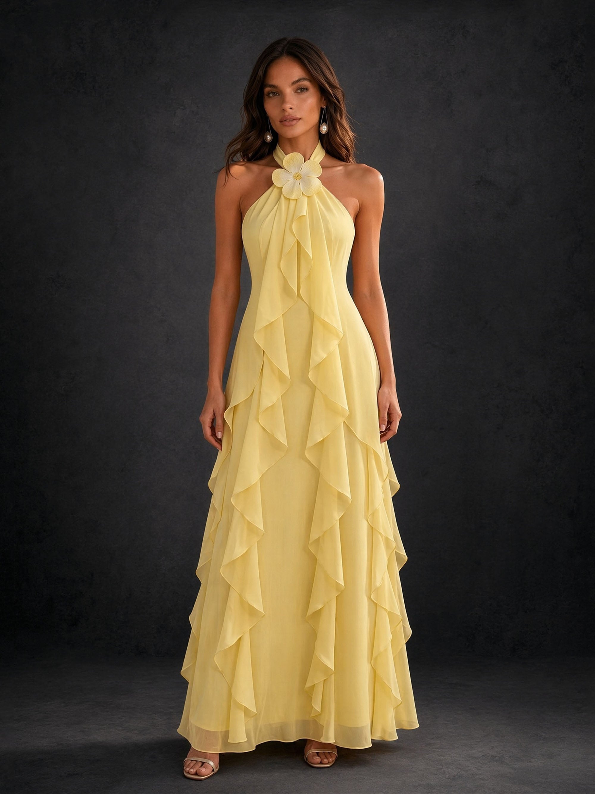 BOLODOO pale yellow cascade ruffle chiffon gown – back view showing open tie-back